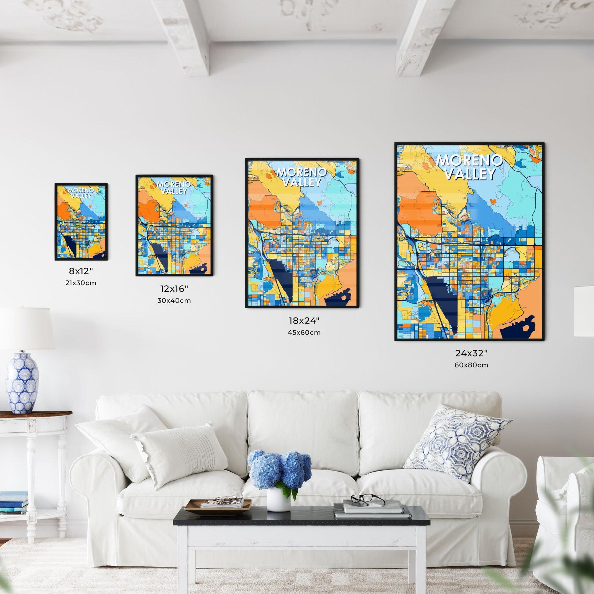 MORENO VALLEY CALIFORNIA Vibrant Colorful Art Map Poster Blue Orange