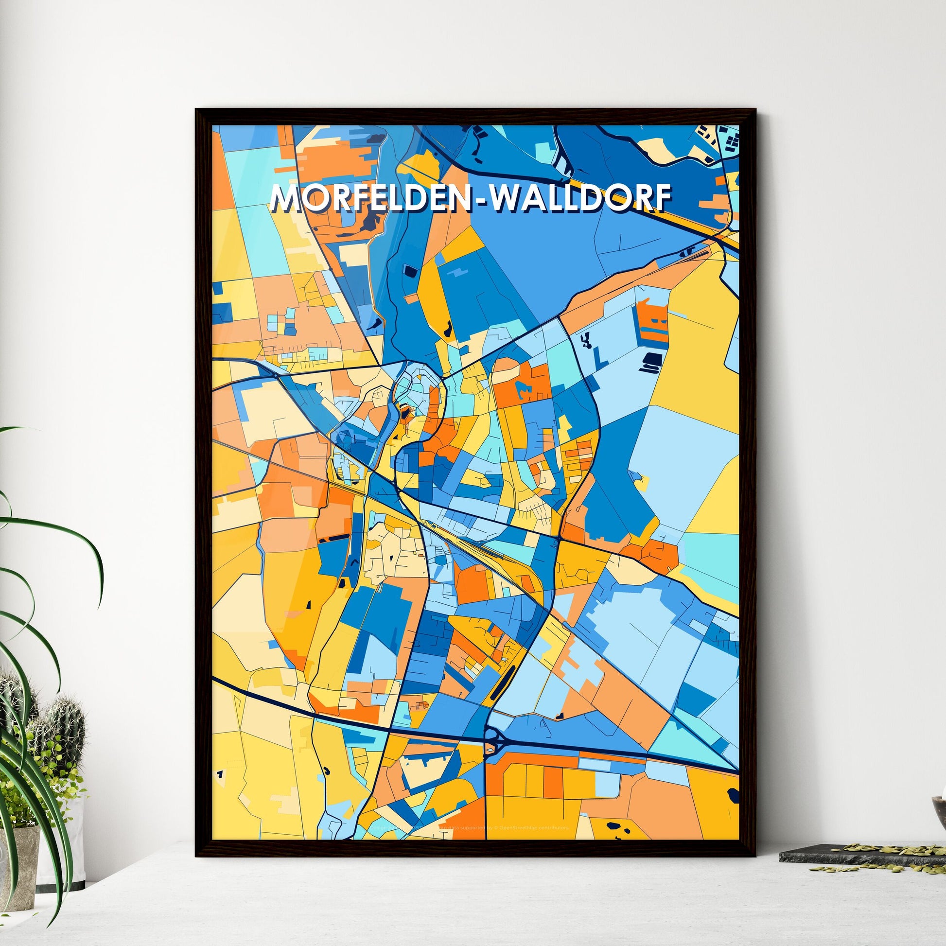 MORFELDEN-WALLDORF GERMANY Vibrant Colorful Art Map Poster Blue Orange