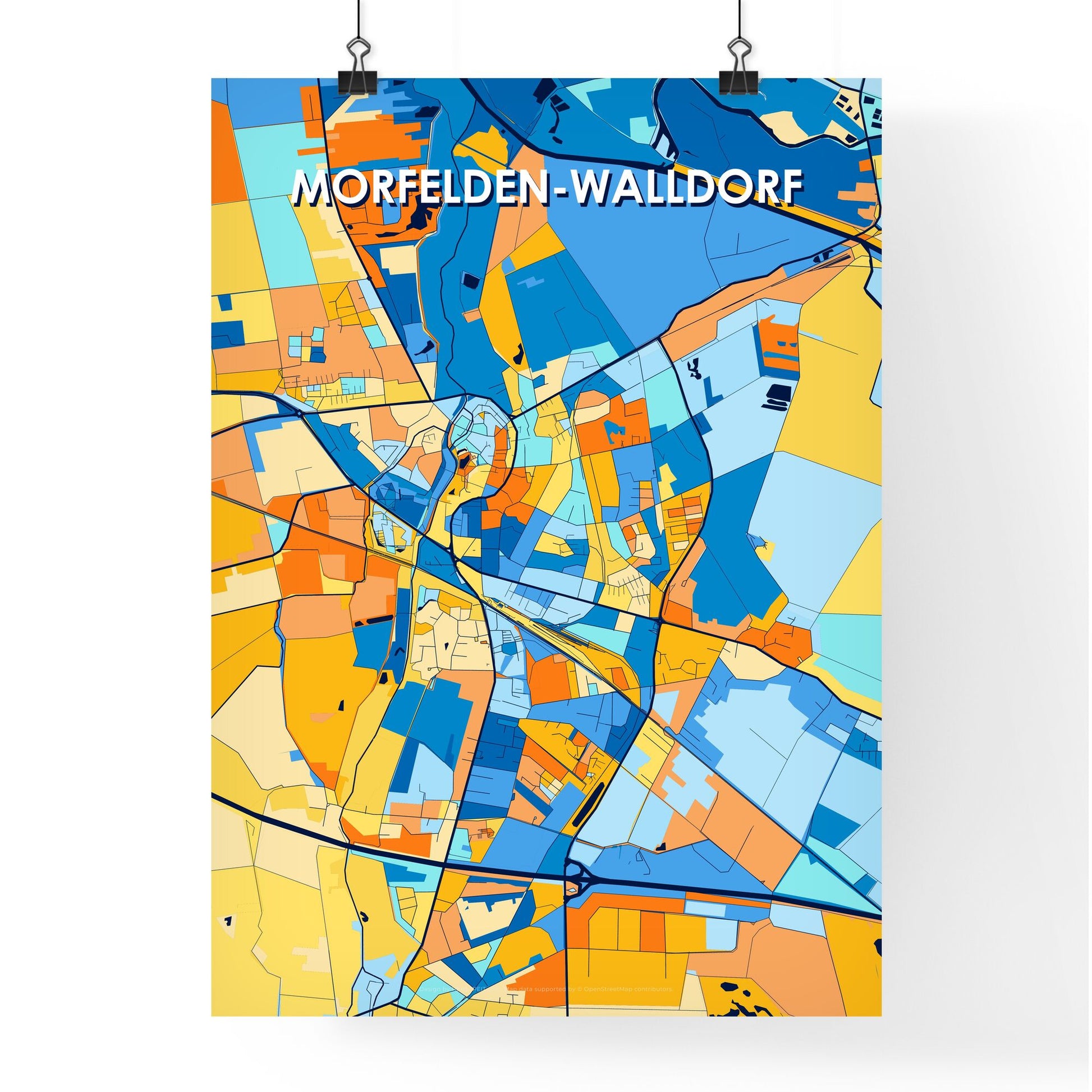 MORFELDEN-WALLDORF GERMANY Vibrant Colorful Art Map Poster Blue Orange