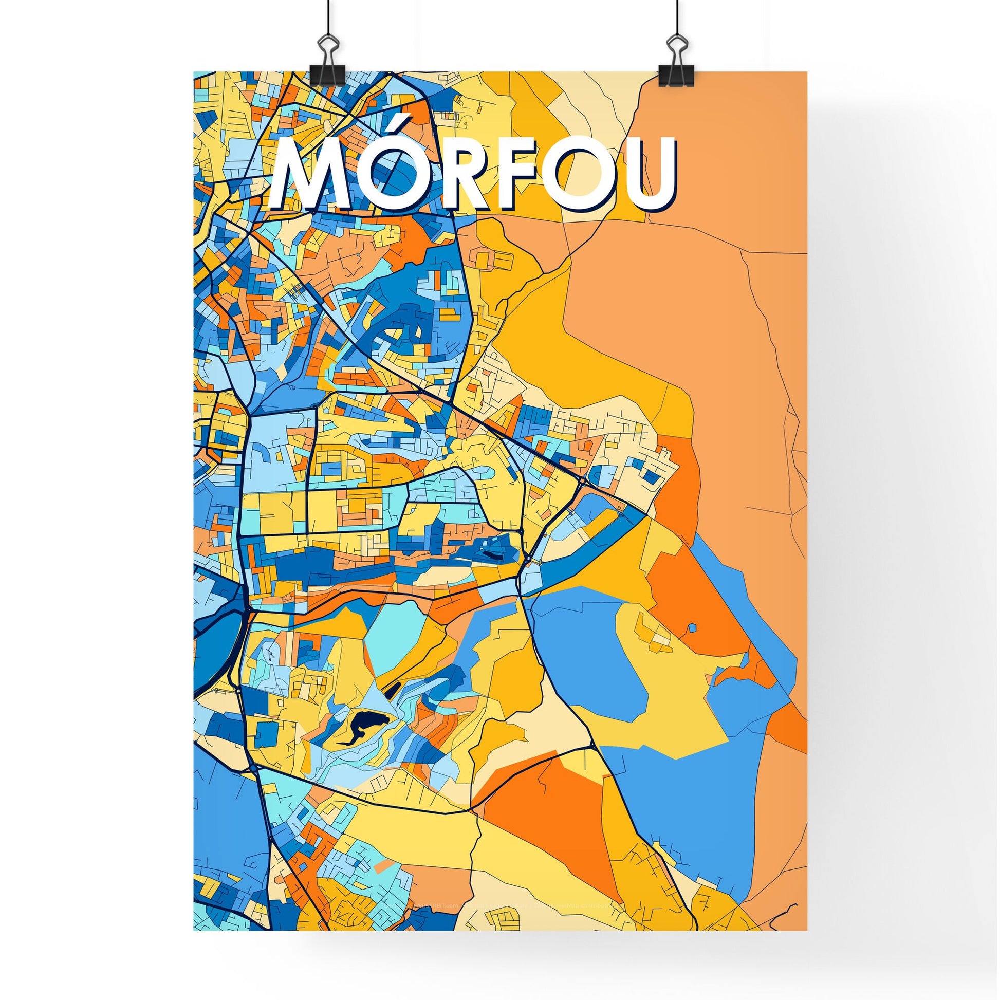 MÓRFOU CYPRUS Vibrant Colorful Art Map Poster Blue Orange