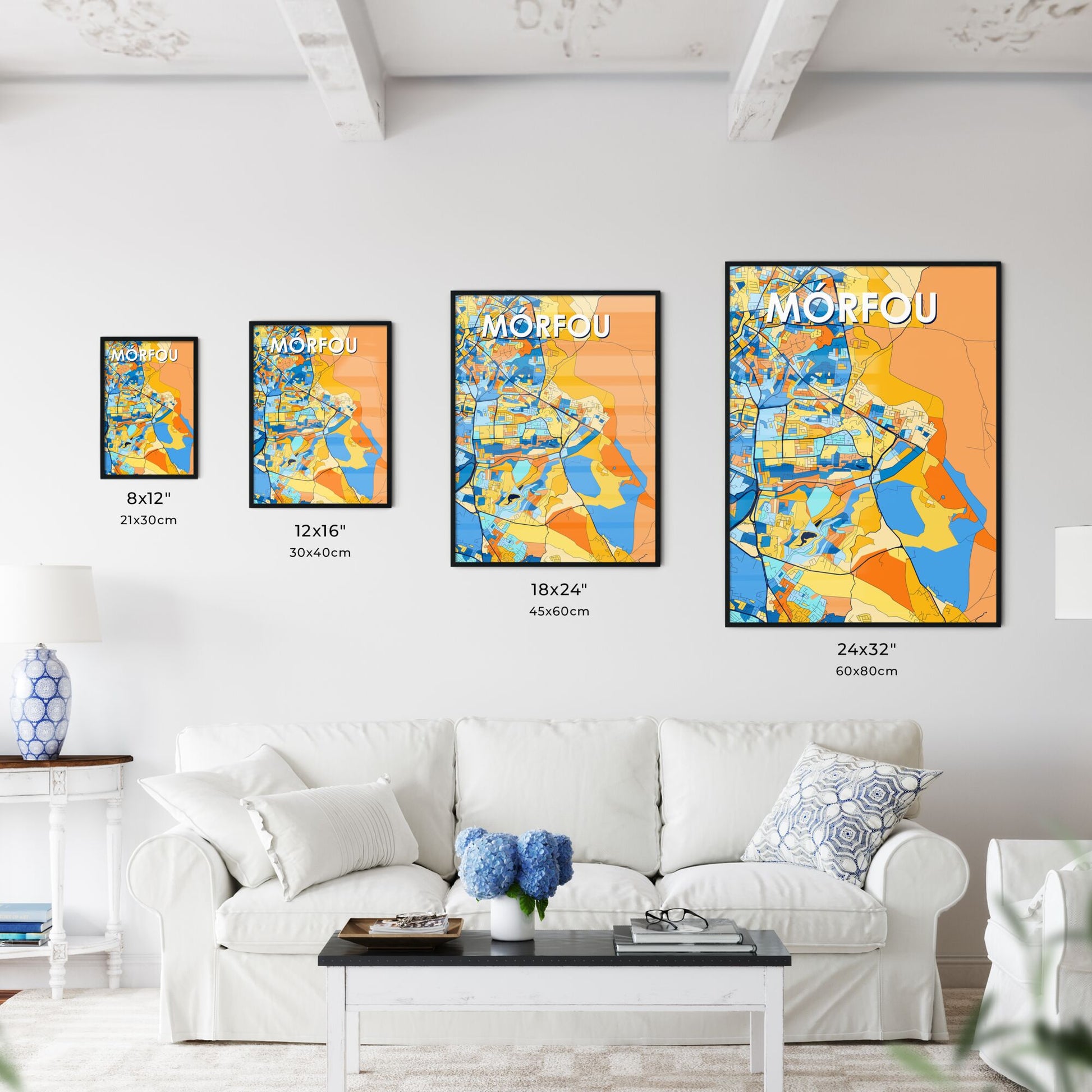 MÓRFOU CYPRUS Vibrant Colorful Art Map Poster Blue Orange