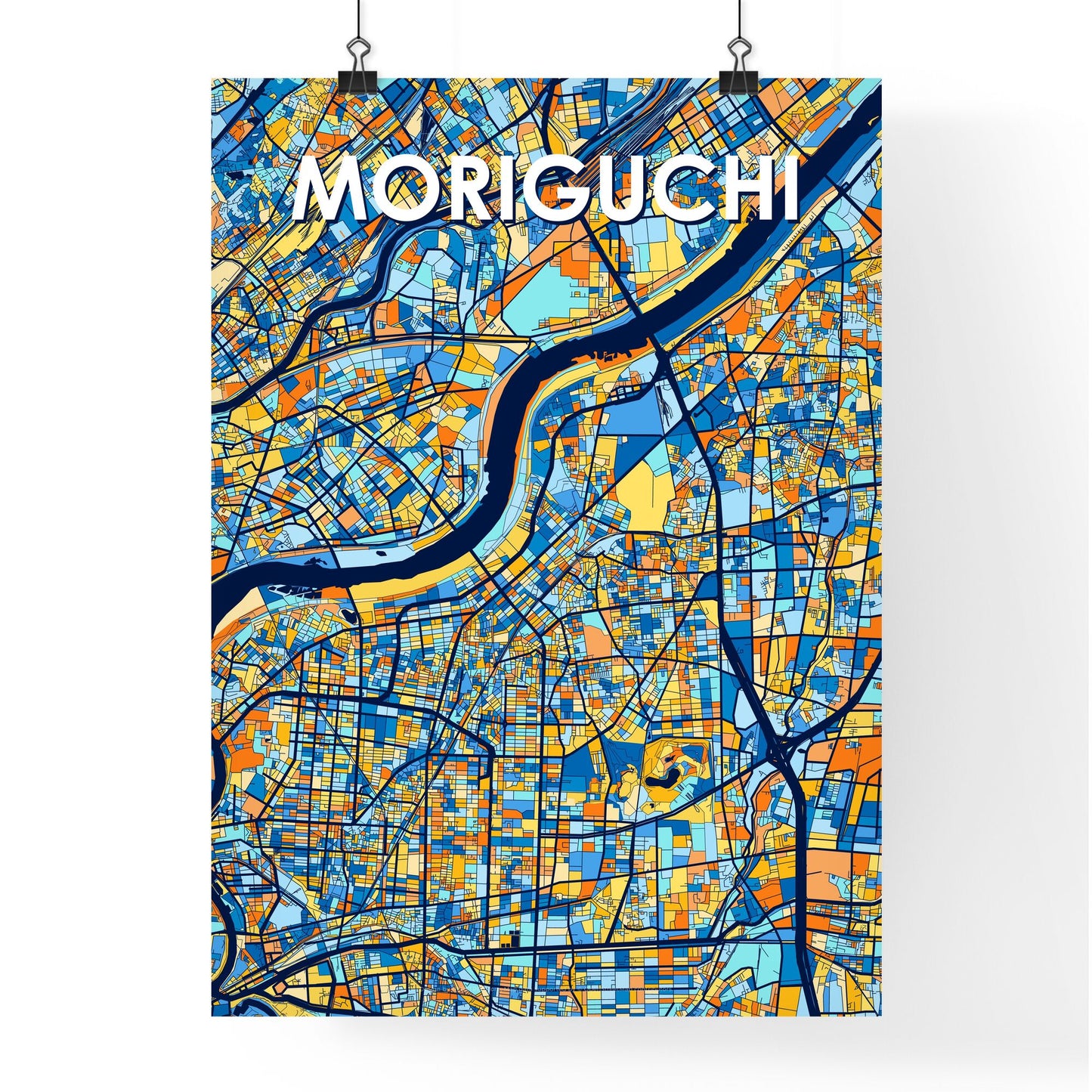 MORIGUCHI JAPAN Vibrant Colorful Art Map Poster Blue Orange