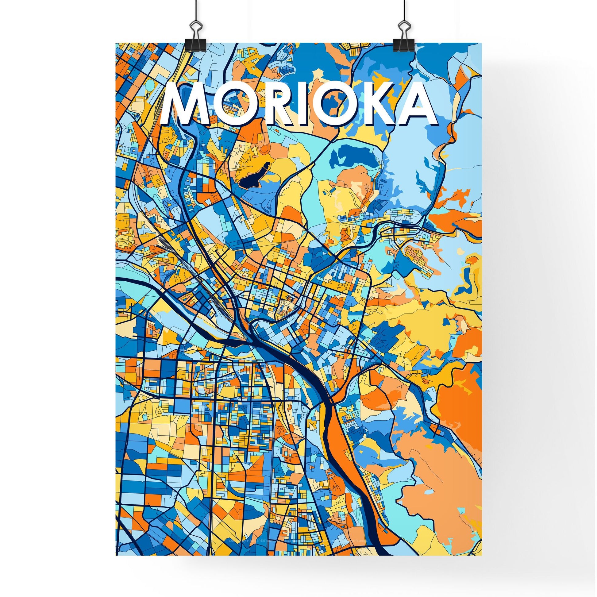 MORIOKA JAPAN Vibrant Colorful Art Map Poster Blue Orange