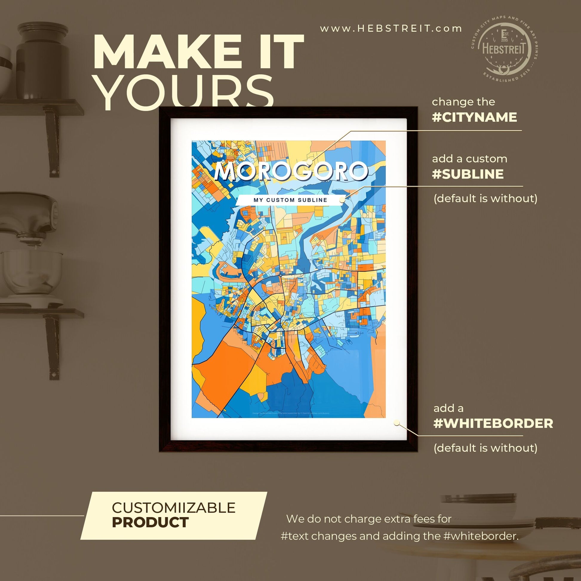 MOROGORO TANZANIA Vibrant Colorful Art Map Poster Blue Orange