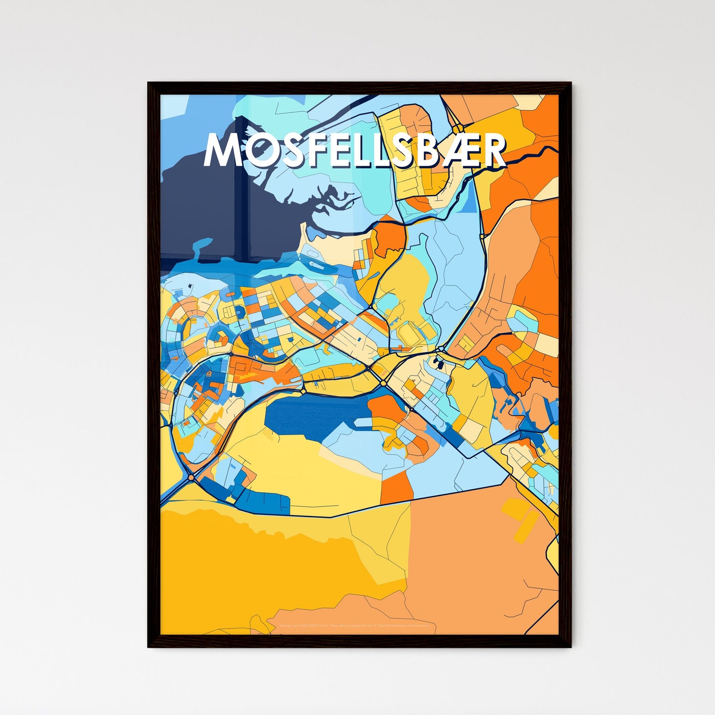 MOSFELLSBÆR ICELAND Vibrant Colorful Art Map Poster Blue Orange