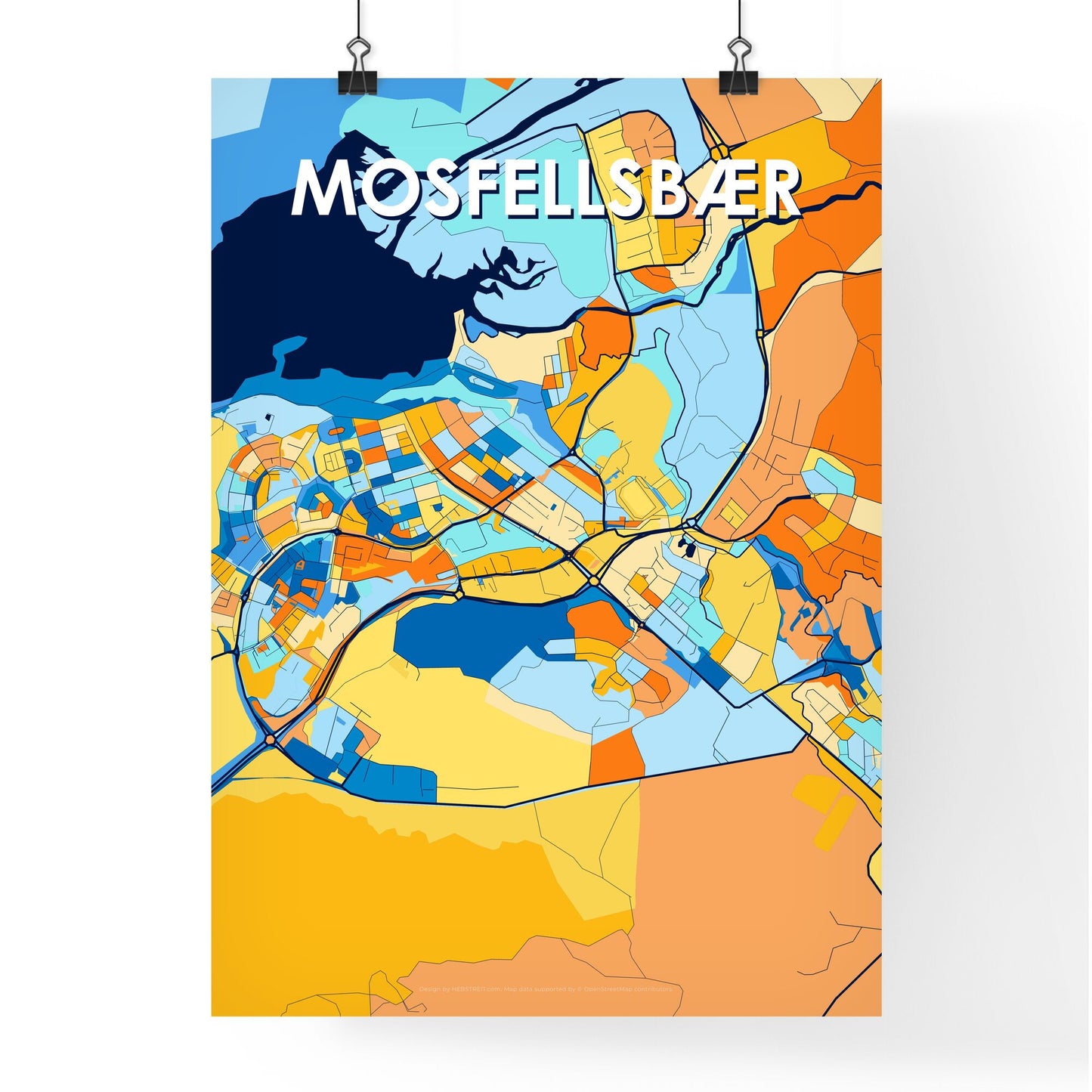 MOSFELLSBÆR ICELAND Vibrant Colorful Art Map Poster Blue Orange