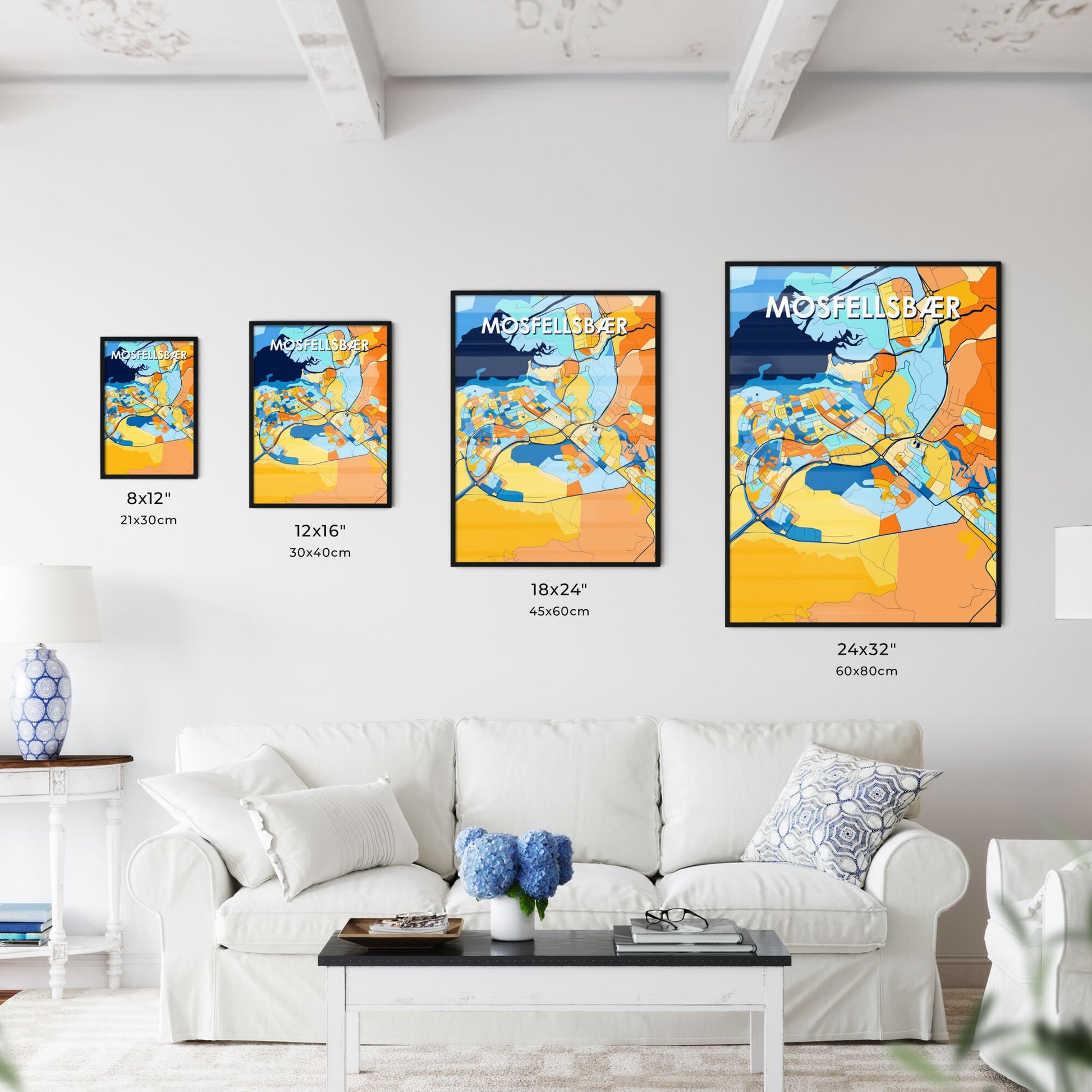 MOSFELLSBÆR ICELAND Vibrant Colorful Art Map Poster Blue Orange