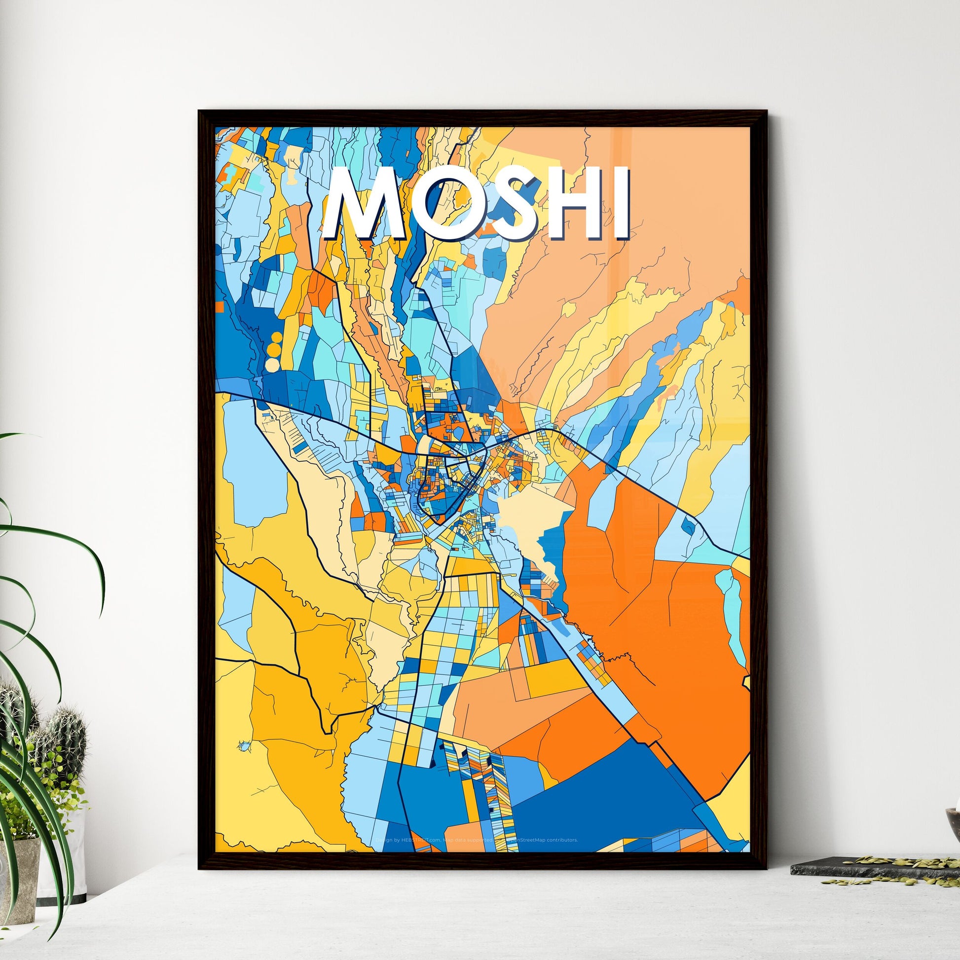 MOSHI TANZANIA Vibrant Colorful Art Map Poster Blue Orange