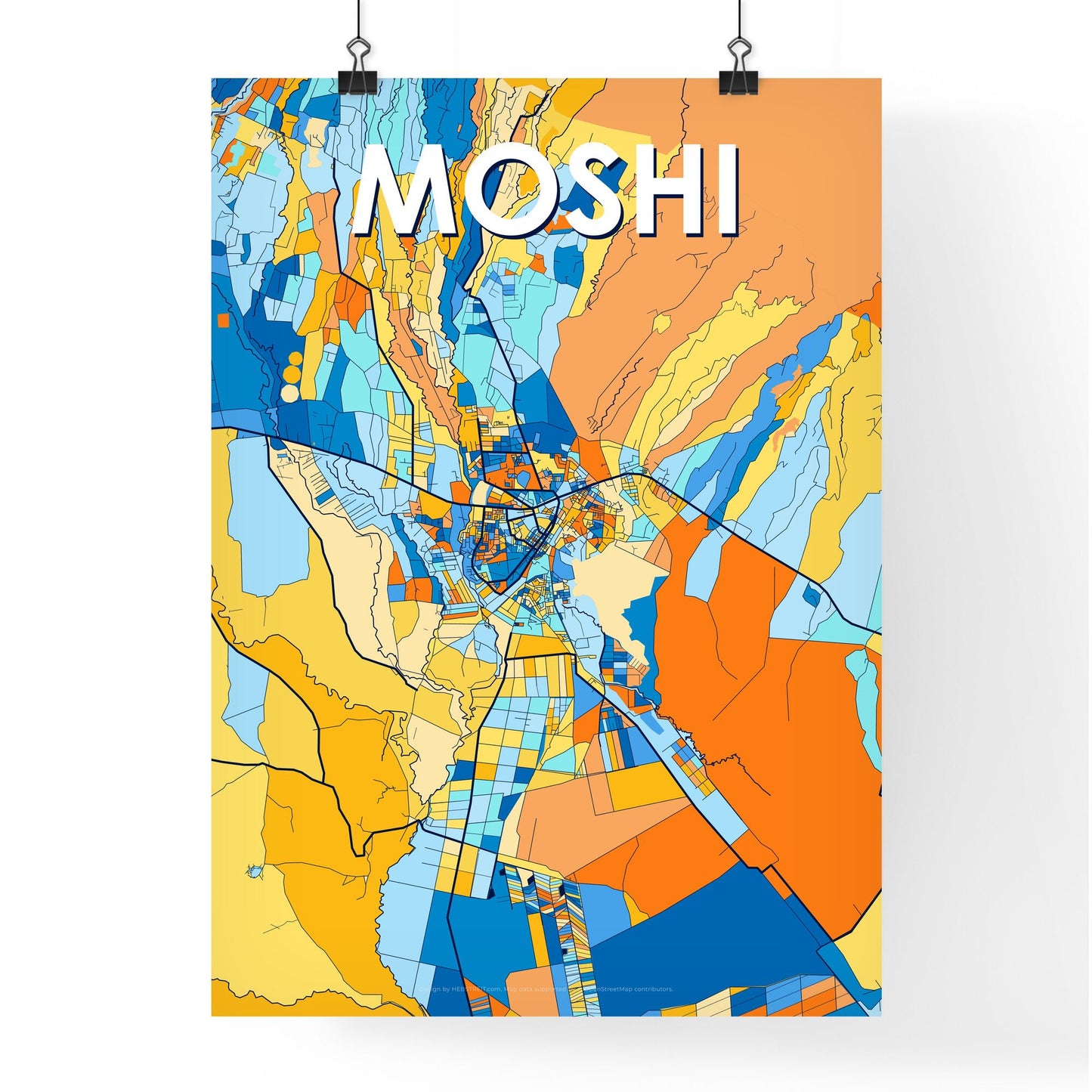 MOSHI TANZANIA Vibrant Colorful Art Map Poster Blue Orange