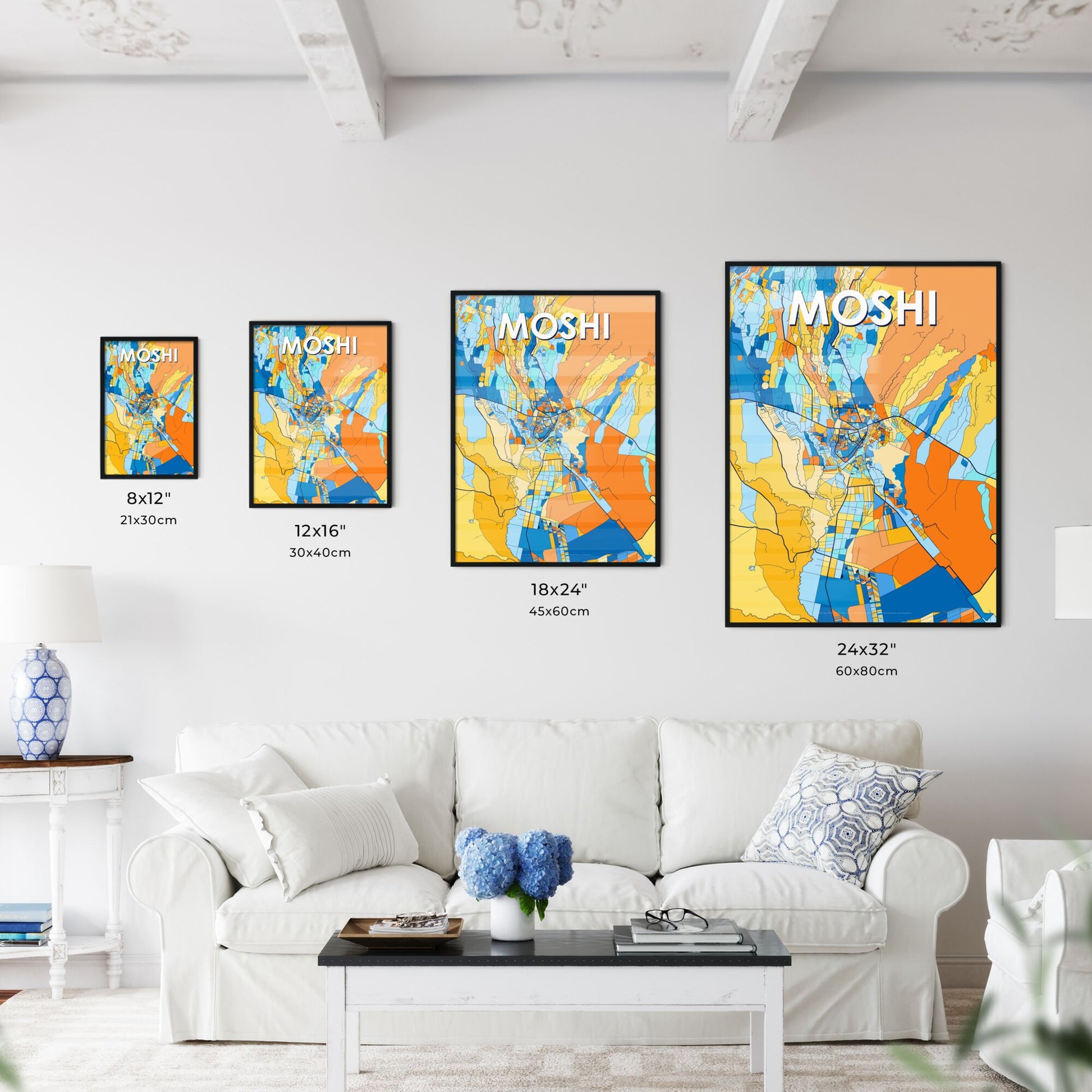 MOSHI TANZANIA Vibrant Colorful Art Map Poster Blue Orange