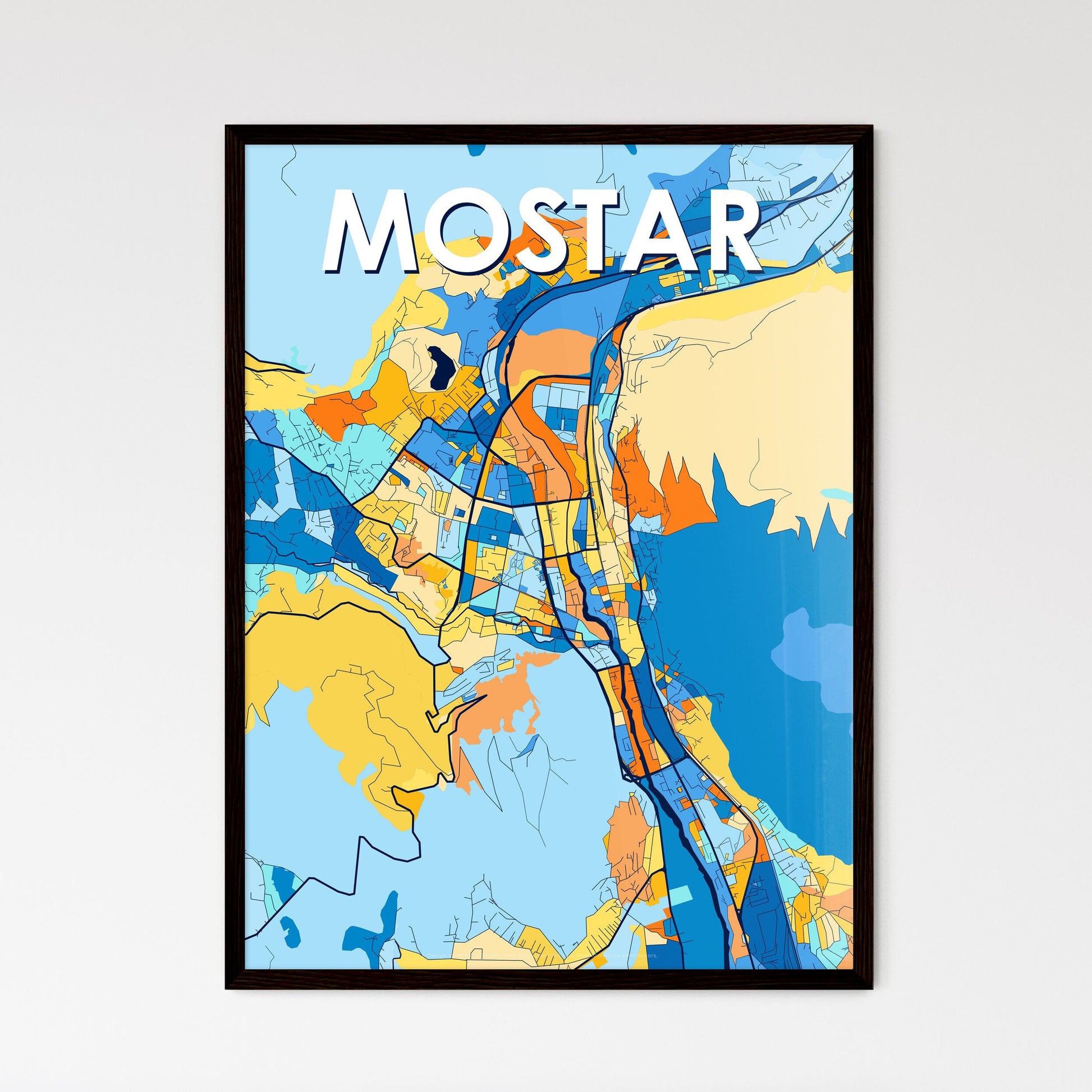 MOSTAR BOSNIA AND HERZEGOVINA Vibrant Colorful Art Map Poster Blue Orange