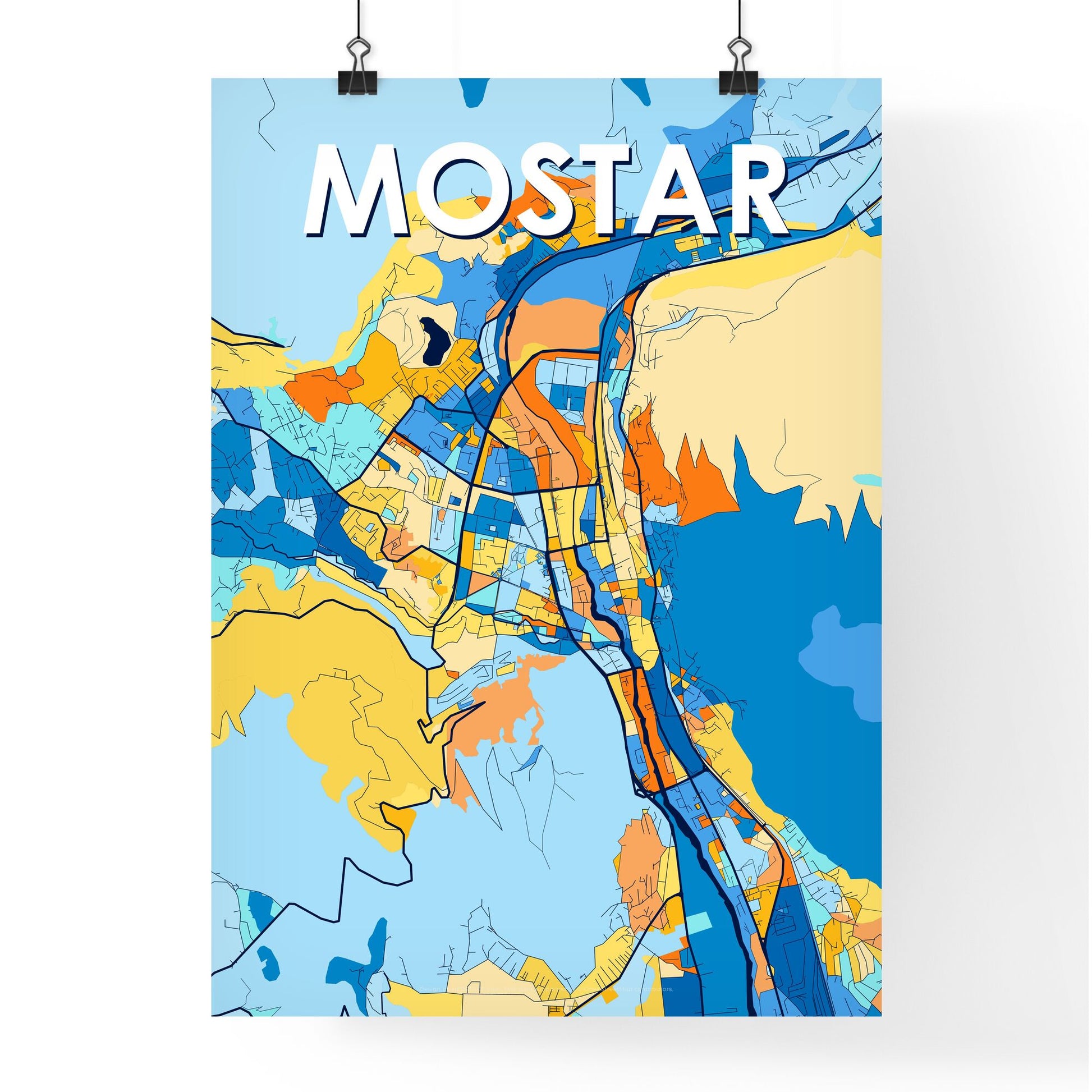 MOSTAR BOSNIA AND HERZEGOVINA Vibrant Colorful Art Map Poster Blue Orange