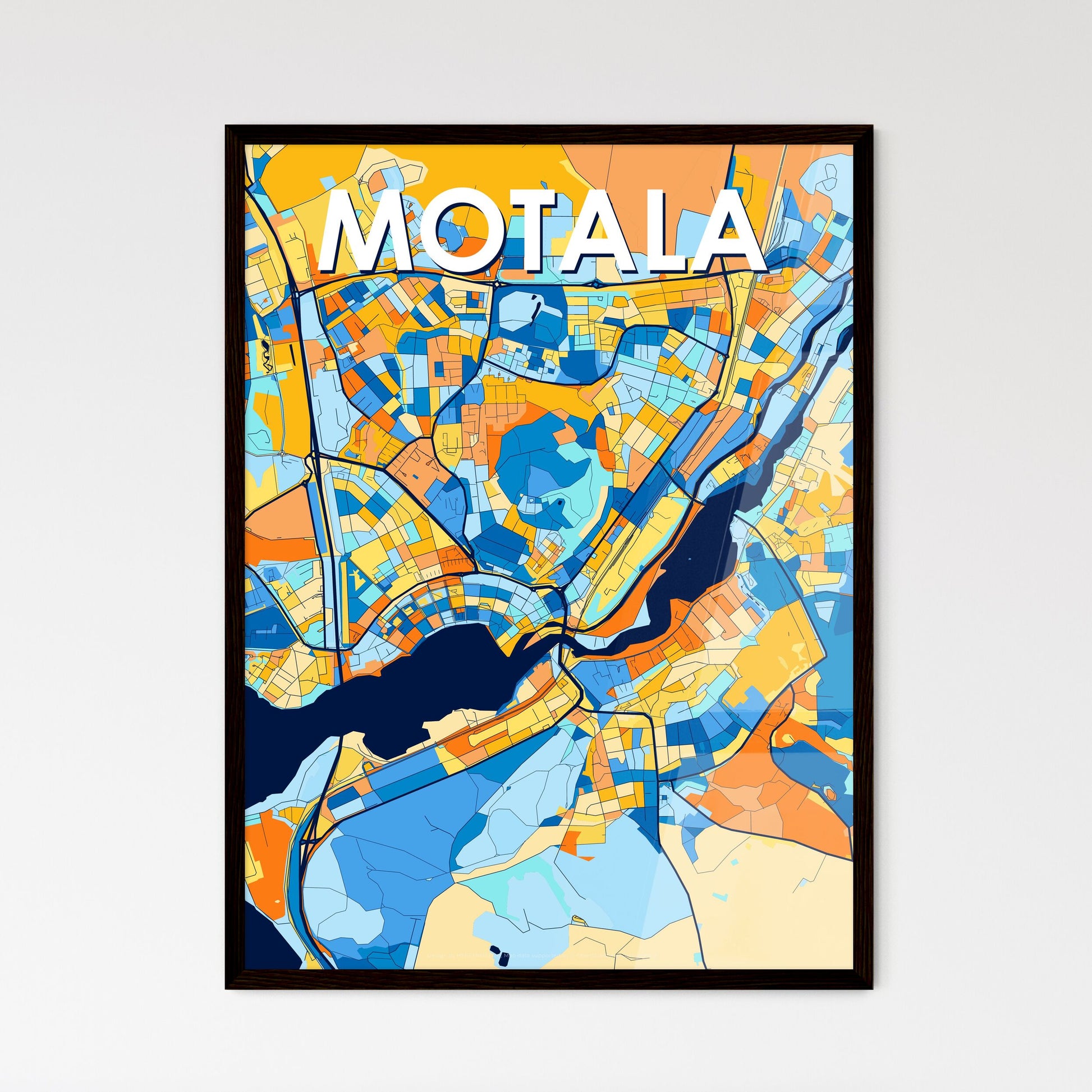 MOTALA SWEDEN Vibrant Colorful Art Map Poster Blue Orange