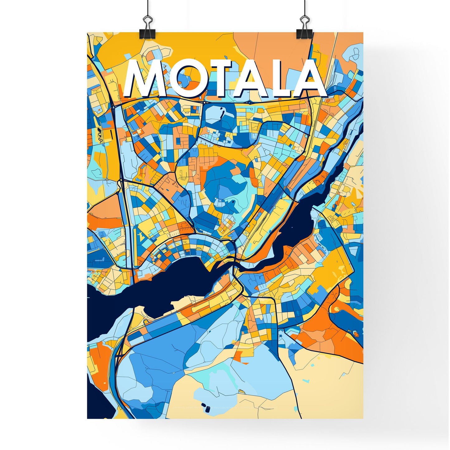 MOTALA SWEDEN Vibrant Colorful Art Map Poster Blue Orange