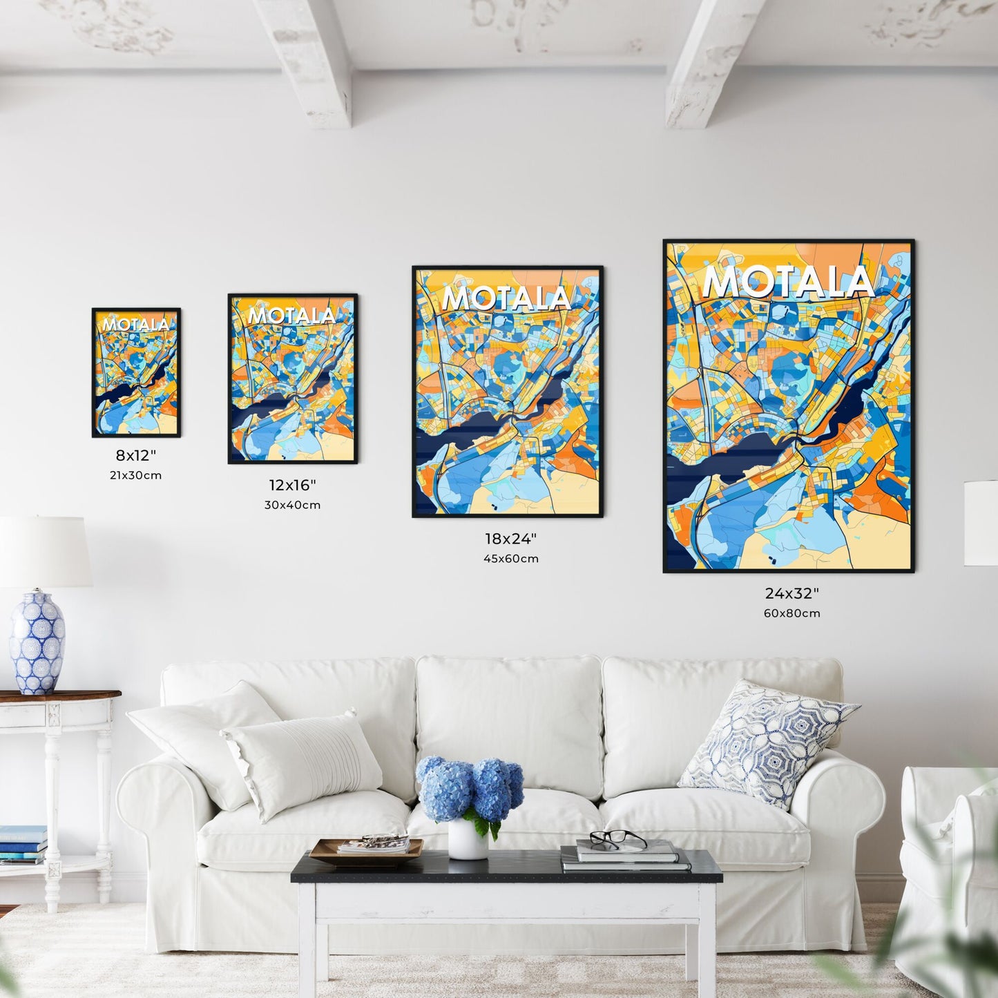 MOTALA SWEDEN Vibrant Colorful Art Map Poster Blue Orange