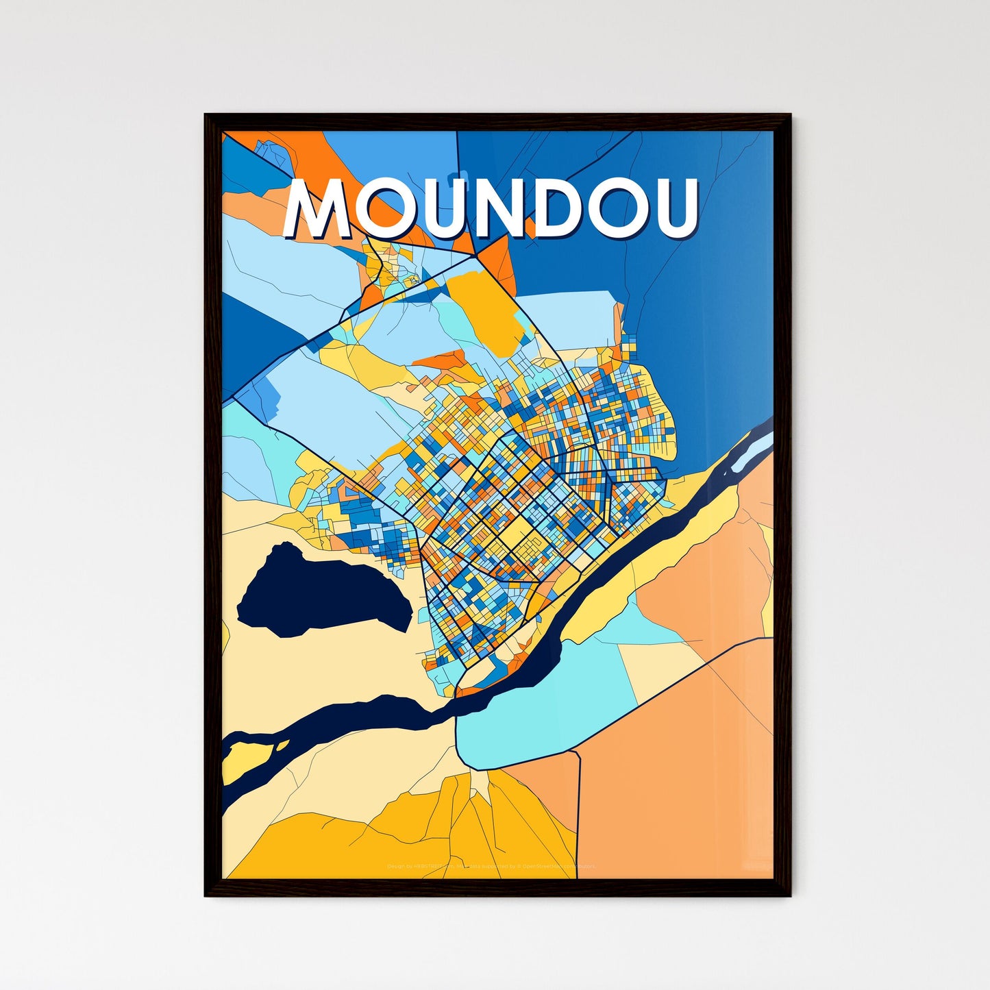 MOUNDOU CHAD Vibrant Colorful Art Map Poster Blue Orange