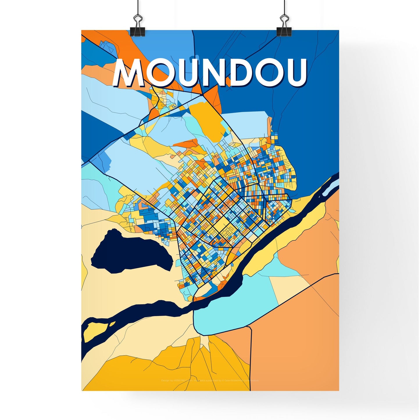 MOUNDOU CHAD Vibrant Colorful Art Map Poster Blue Orange