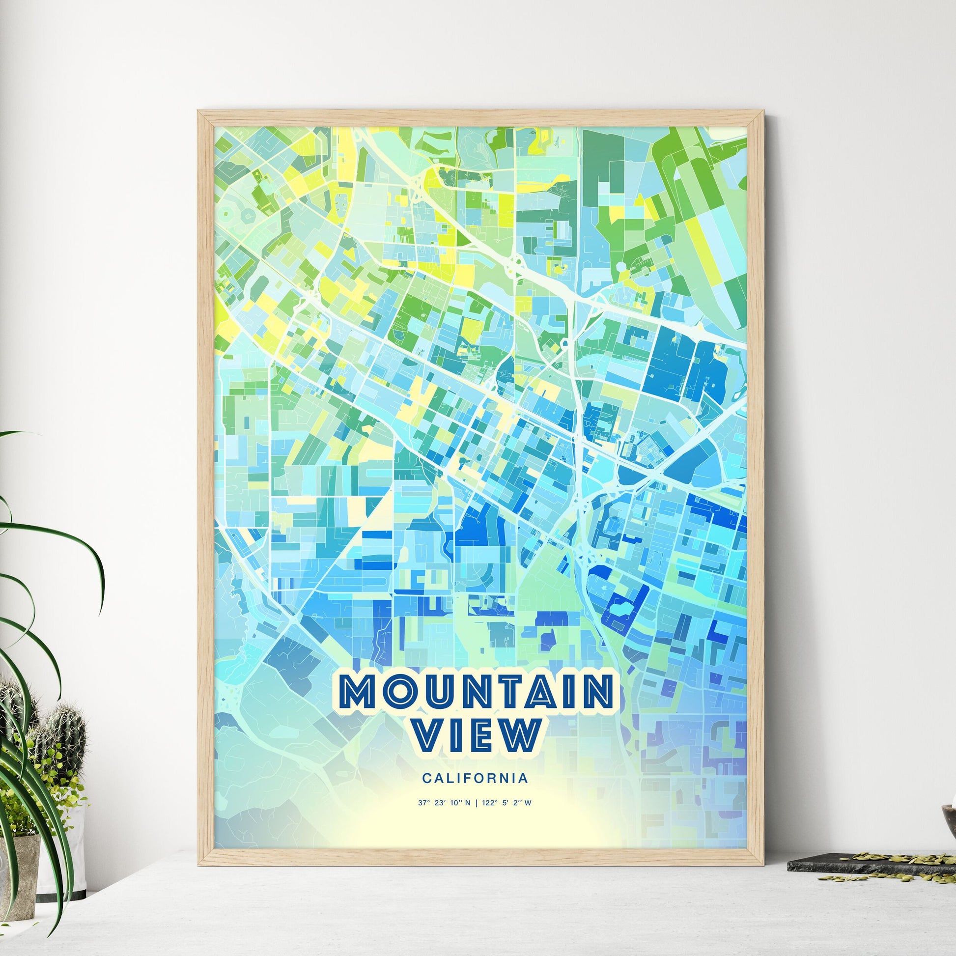 Colorful Mountain View California Fine Art Map Cool Blue