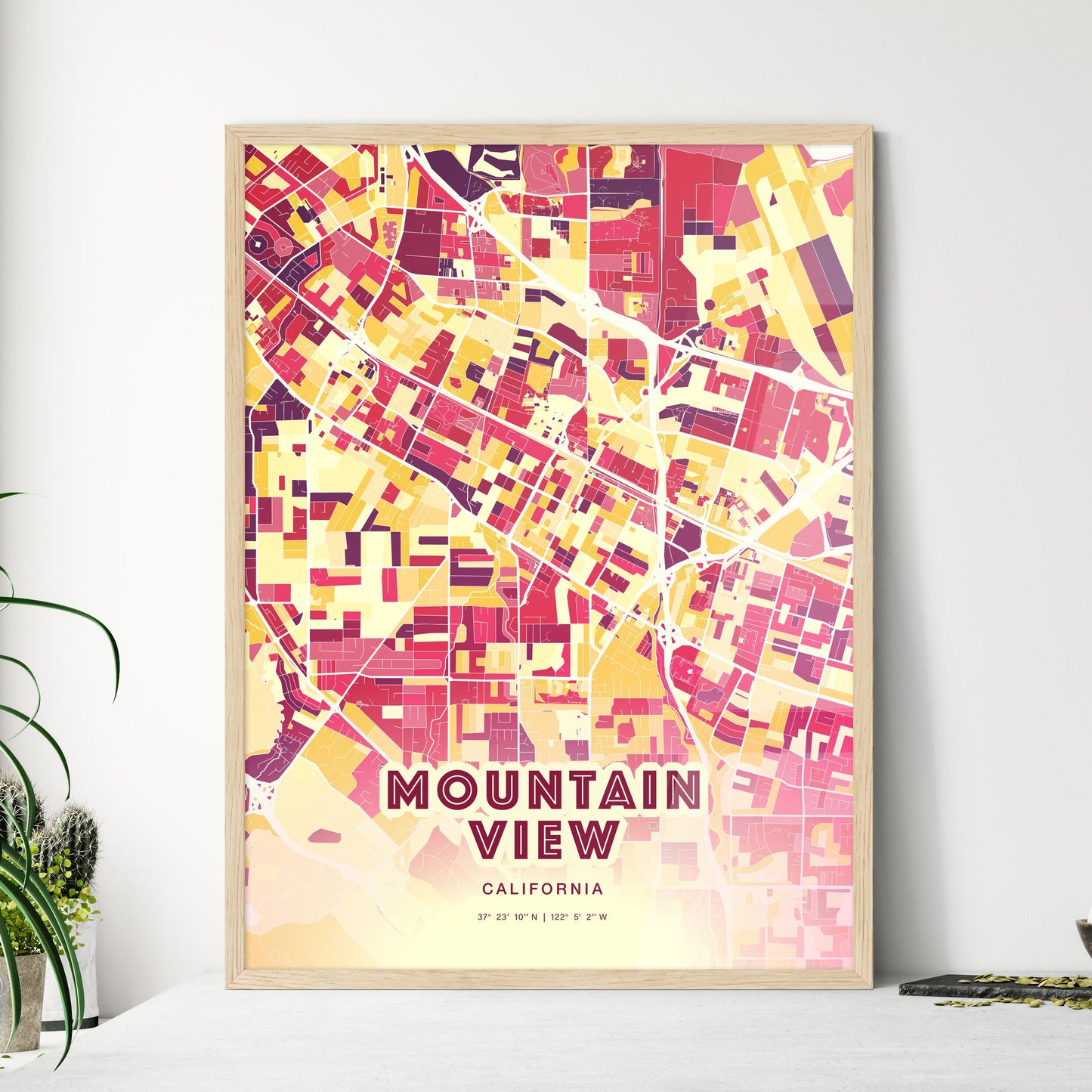 Colorful Mountain View California Fine Art Map Hot Red