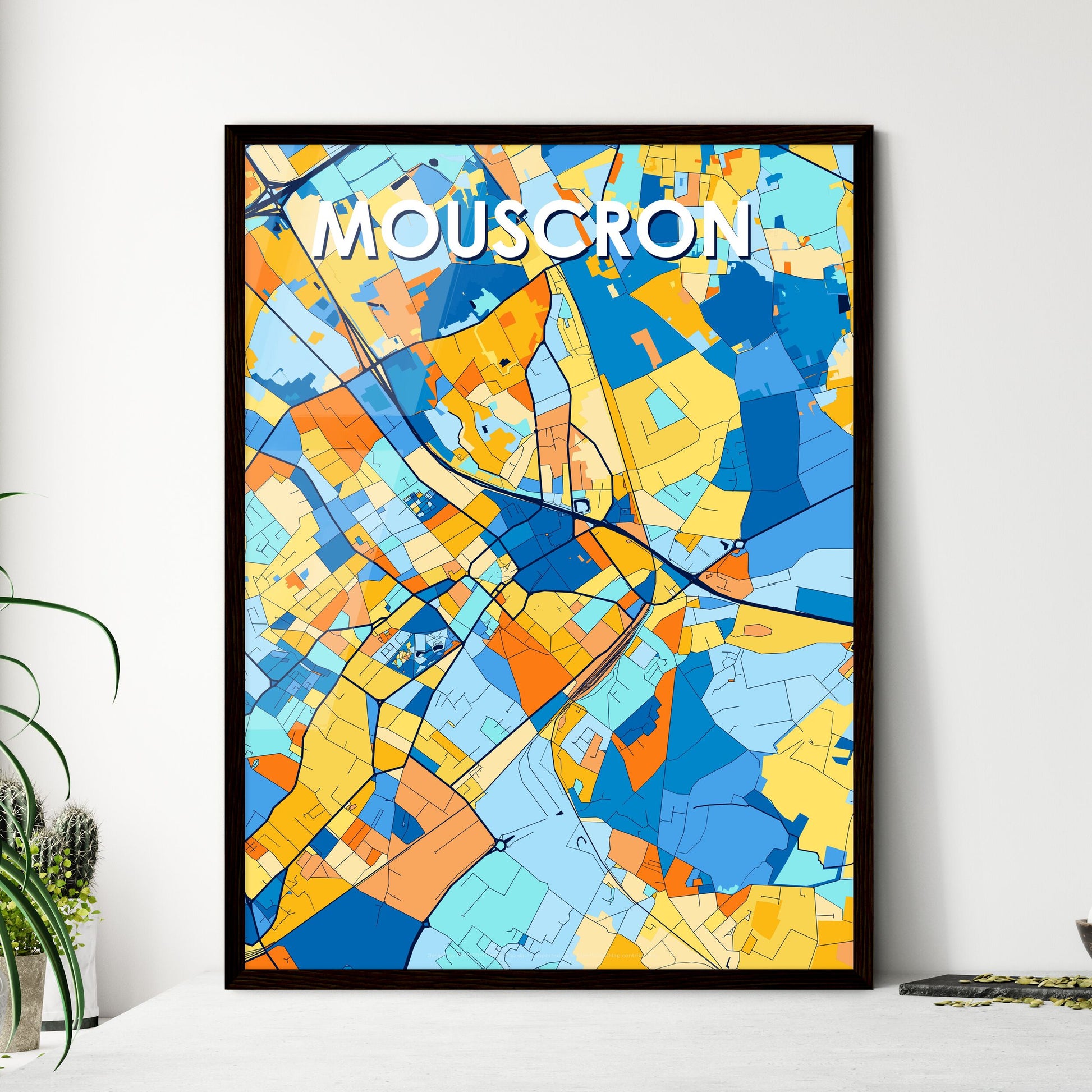 MOUSCRON BELGIUM Vibrant Colorful Art Map Poster Blue Orange