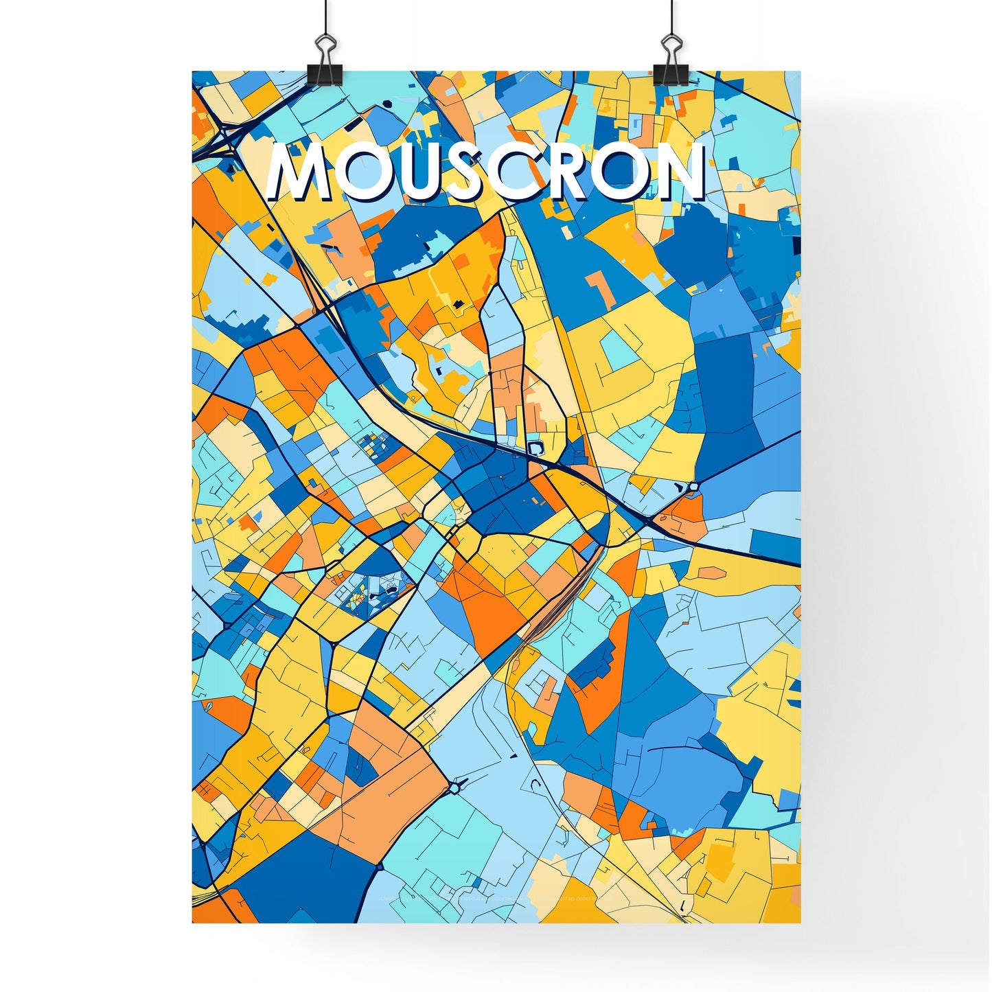 MOUSCRON BELGIUM Vibrant Colorful Art Map Poster Blue Orange