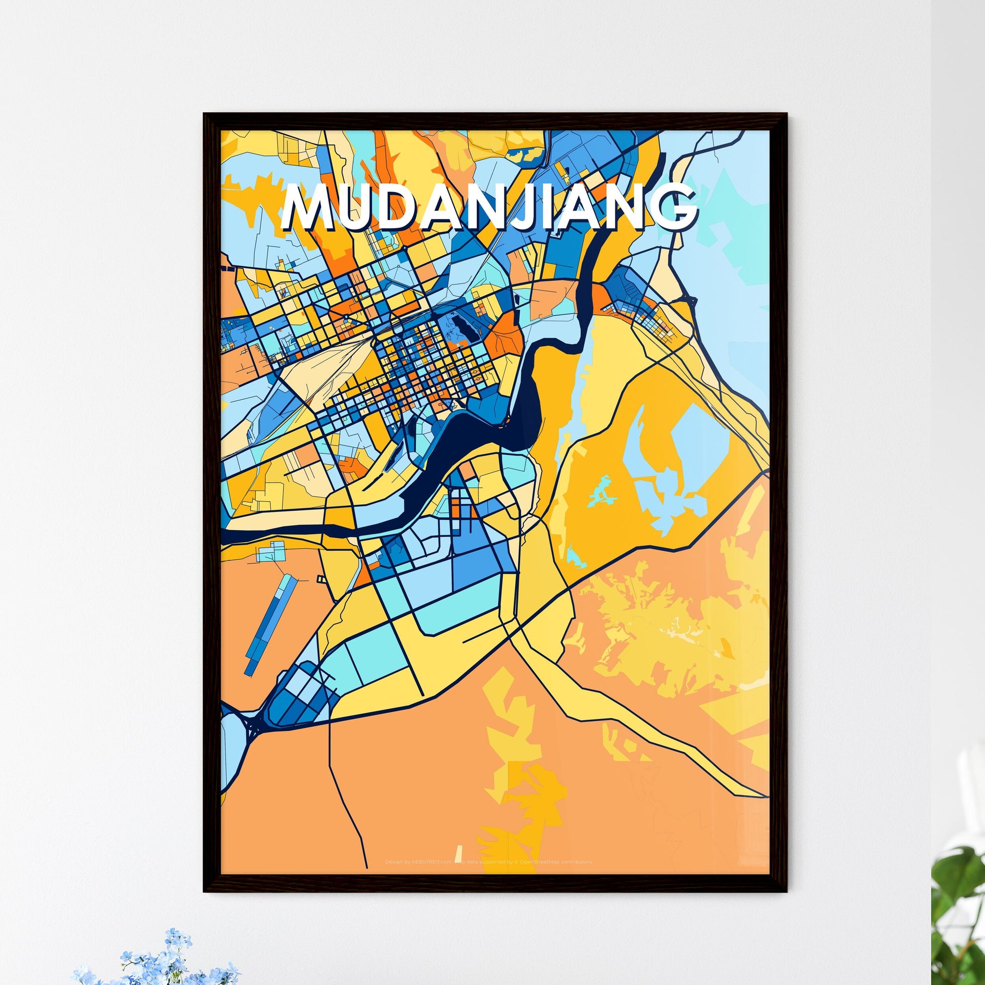 MUDANJIANG CHINA Vibrant Colorful Art Map Poster Blue Orange