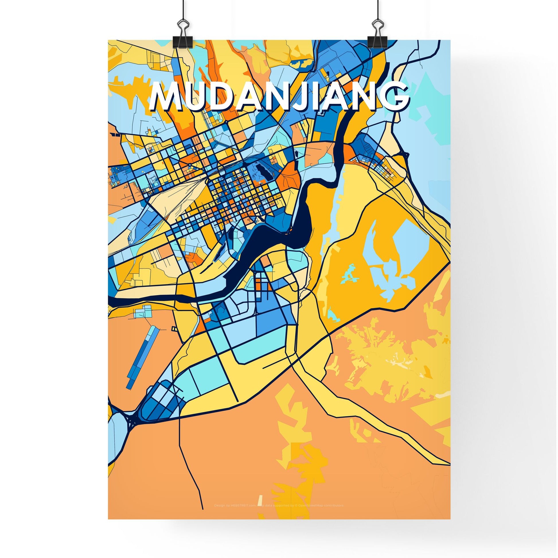 MUDANJIANG CHINA Vibrant Colorful Art Map Poster Blue Orange