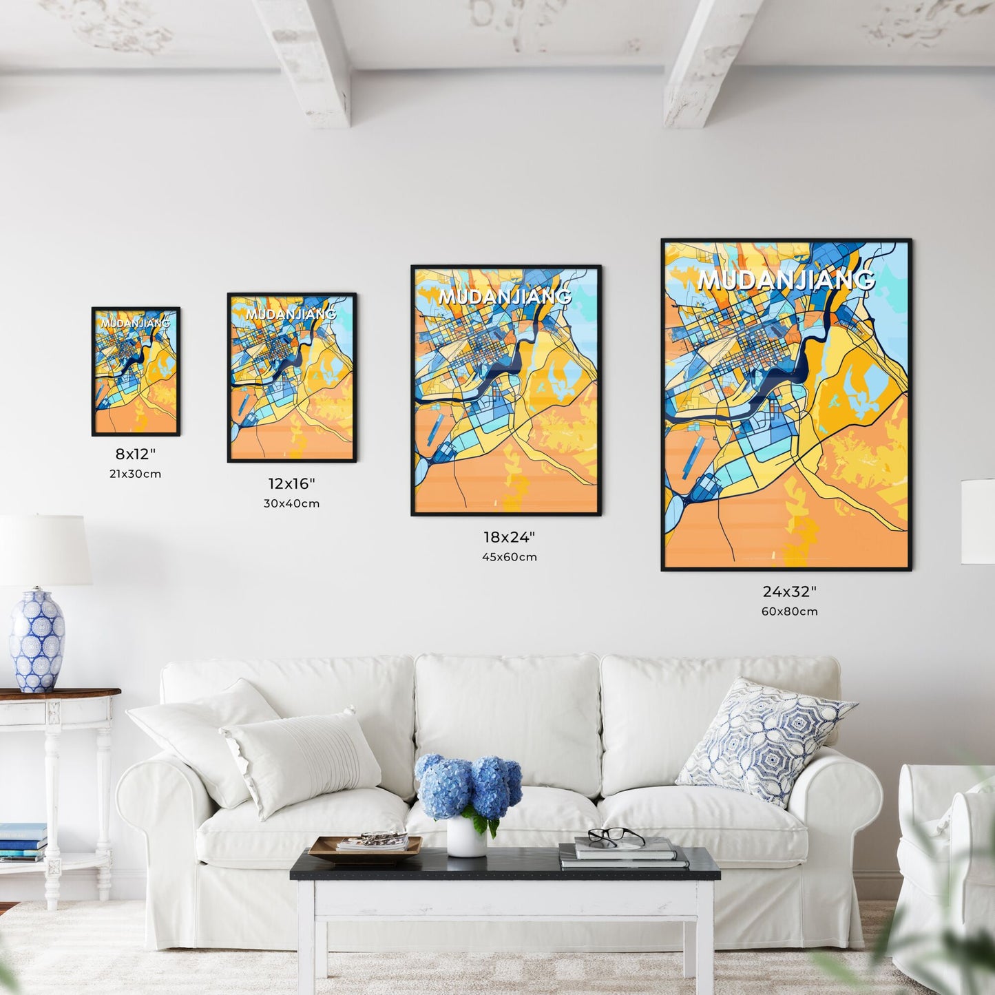 MUDANJIANG CHINA Vibrant Colorful Art Map Poster Blue Orange