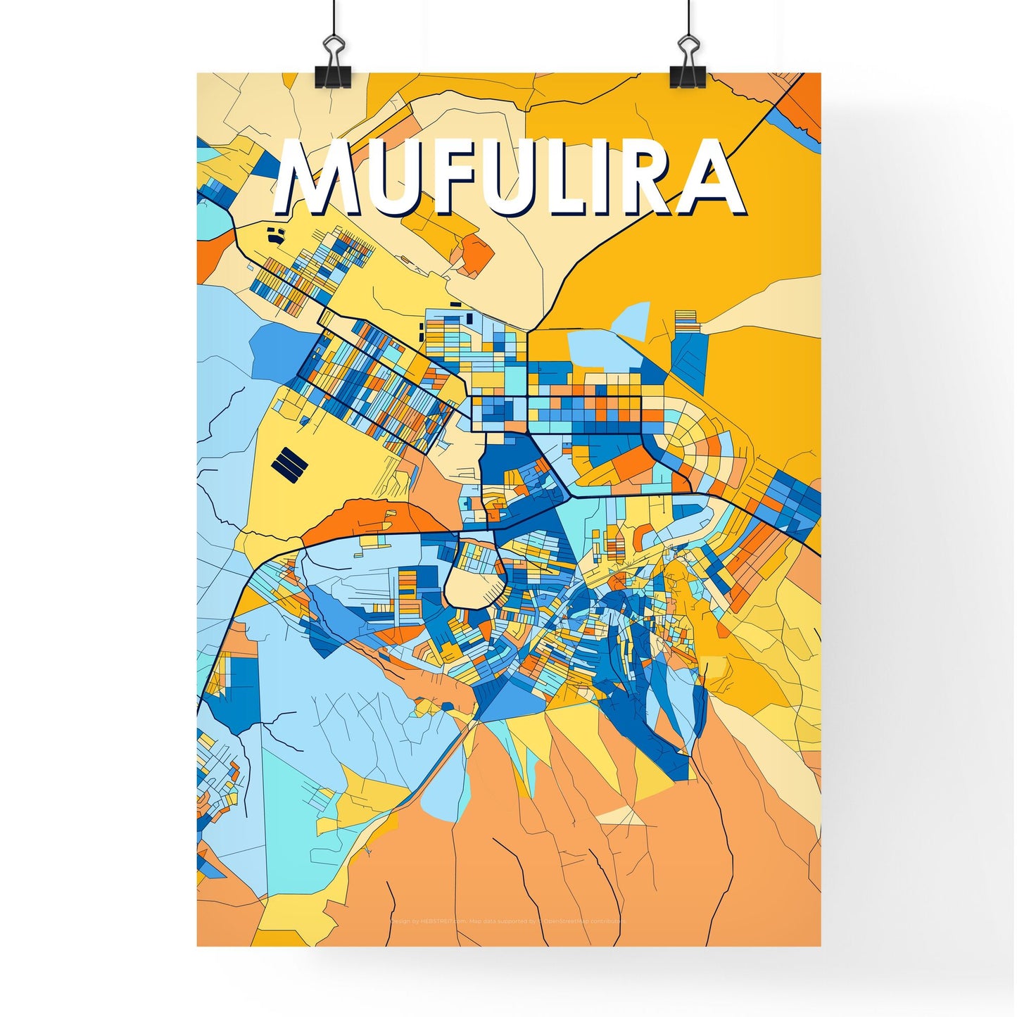 MUFULIRA ZAMBIA Vibrant Colorful Art Map Poster Blue Orange