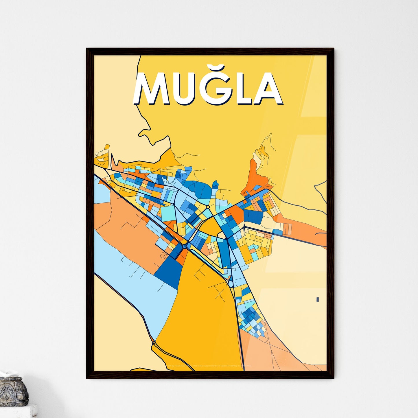 MUĞLA TURKEY Vibrant Colorful Art Map Poster Blue Orange