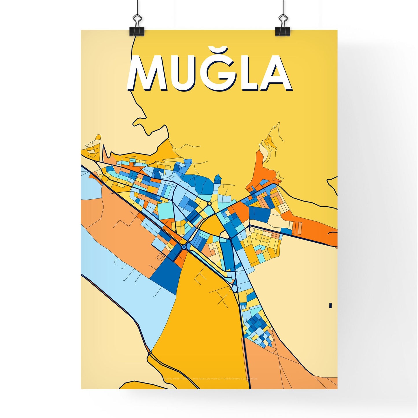 MUĞLA TURKEY Vibrant Colorful Art Map Poster Blue Orange