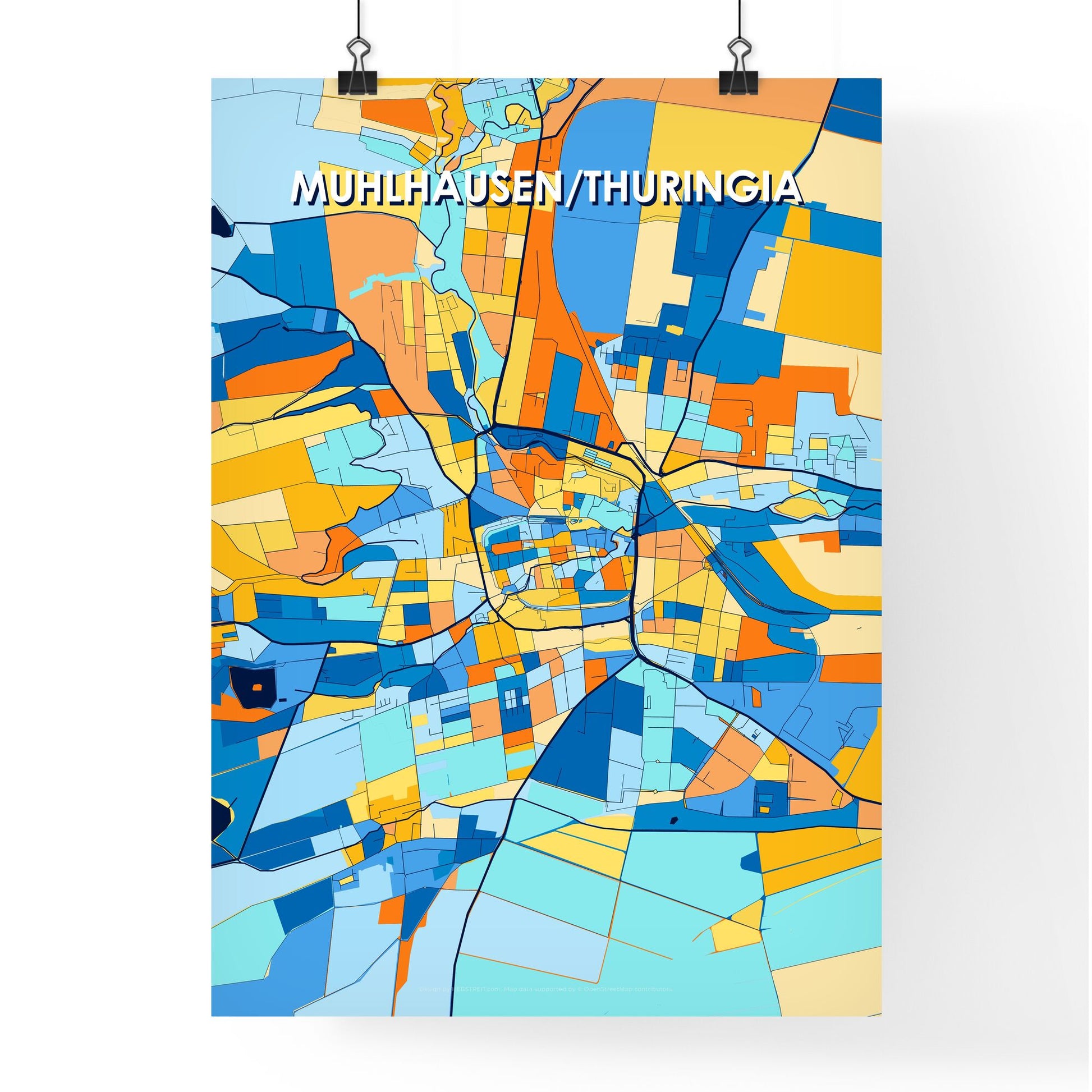 MUHLHAUSEN/THURINGIA GERMANY Vibrant Colorful Art Map Poster Blue Orange