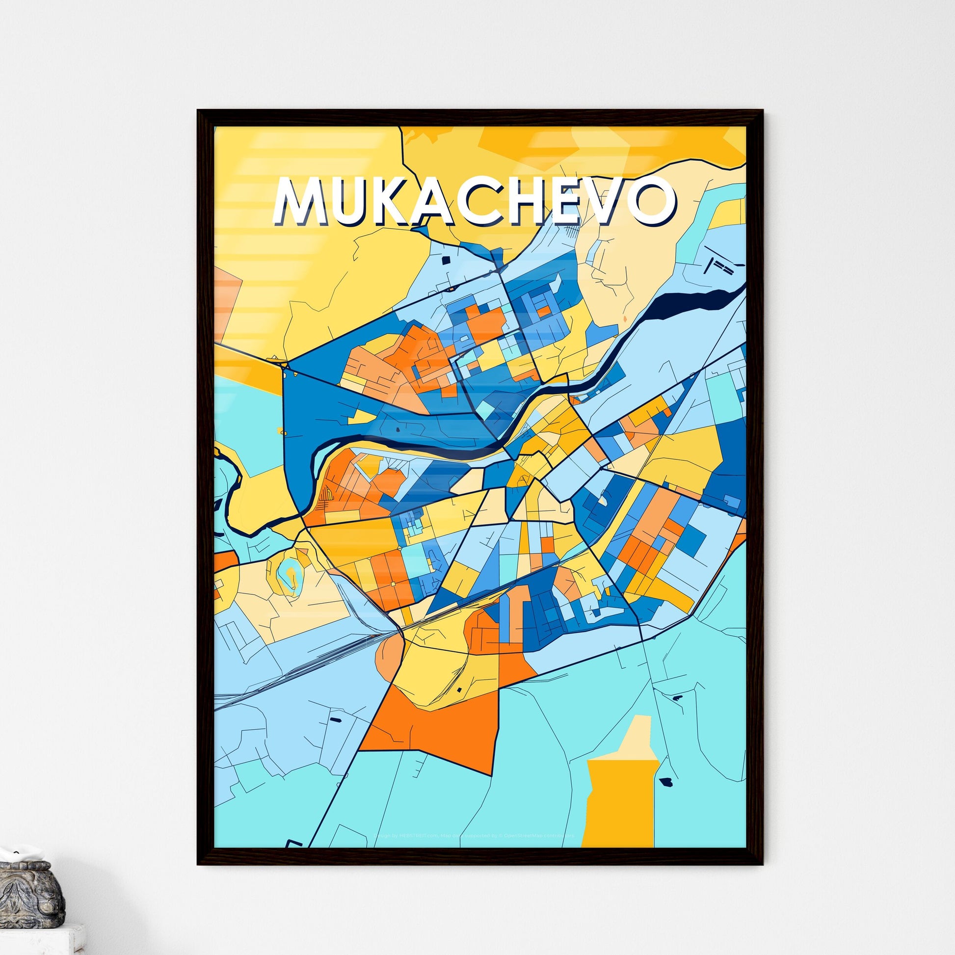 MUKACHEVO UKRAINE Vibrant Colorful Art Map Poster Blue Orange