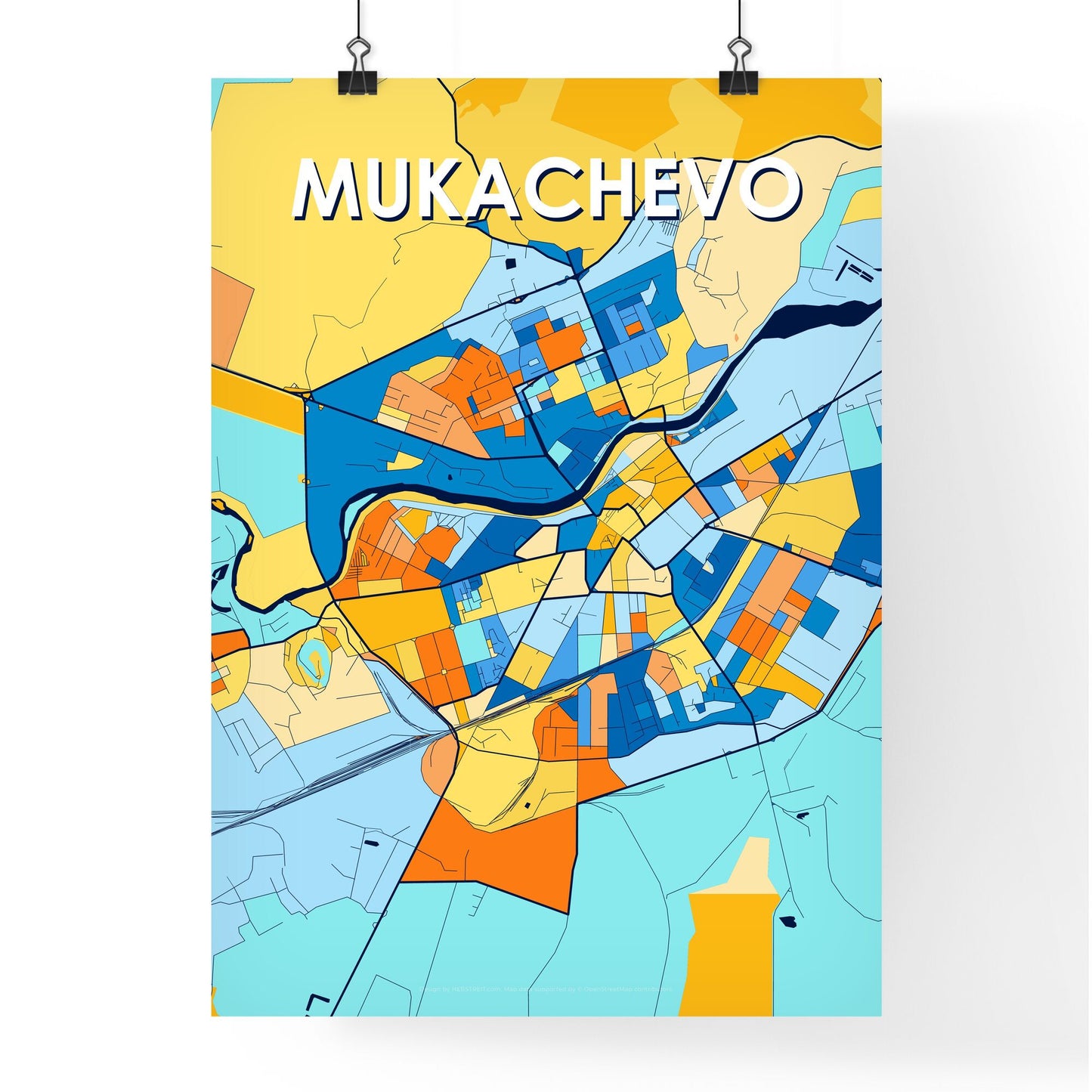 MUKACHEVO UKRAINE Vibrant Colorful Art Map Poster Blue Orange