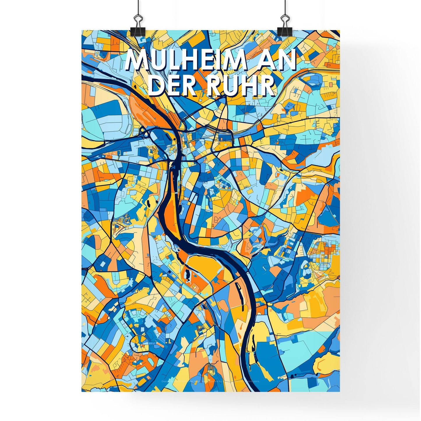 MULHEIM AN DER RUHR GERMANY Vibrant Colorful Art Map Poster Blue Orange