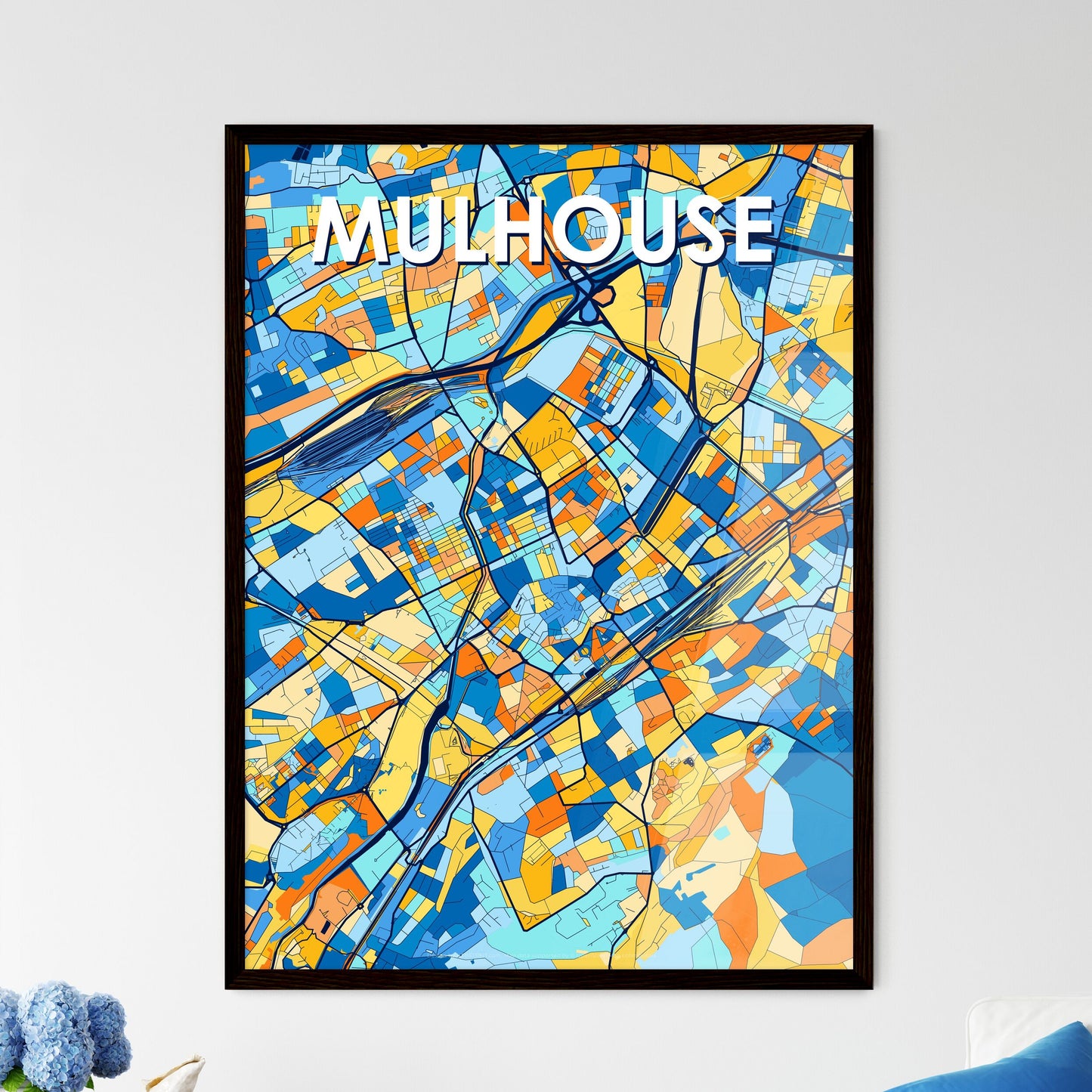 MULHOUSE FRANCE Vibrant Colorful Art Map Poster Blue Orange