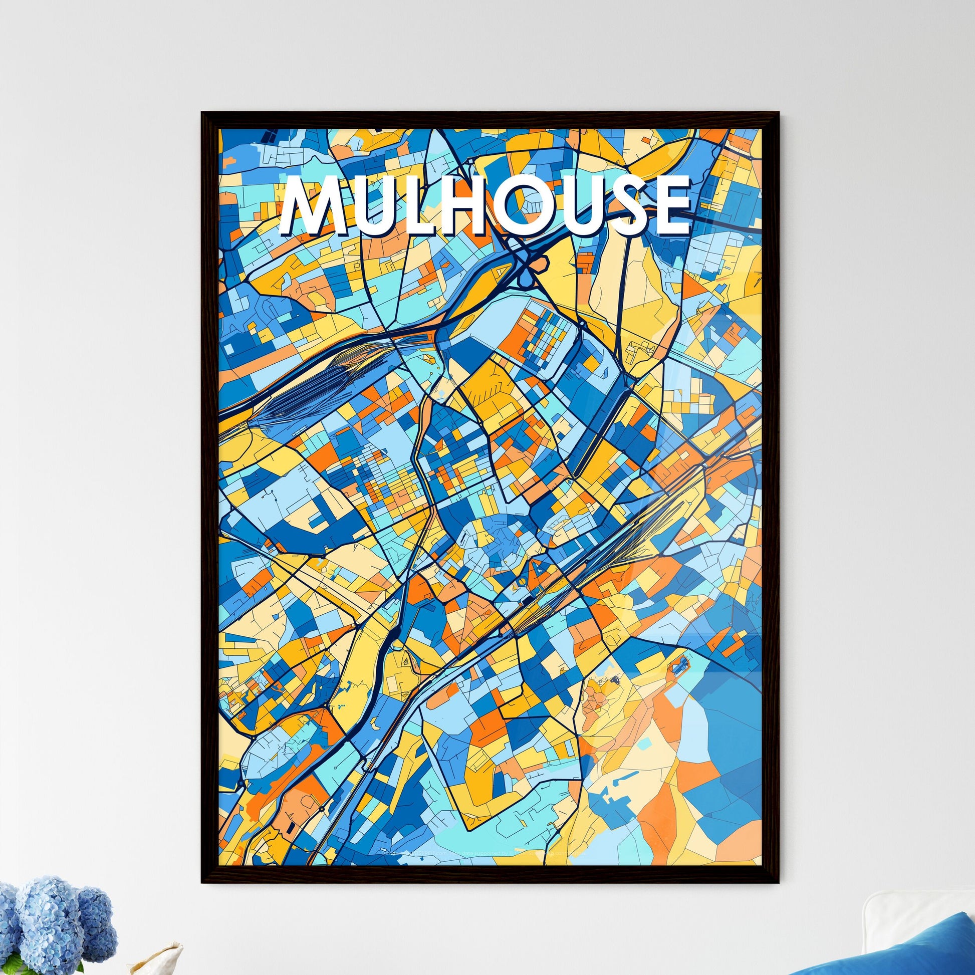 MULHOUSE FRANCE Vibrant Colorful Art Map Poster Blue Orange