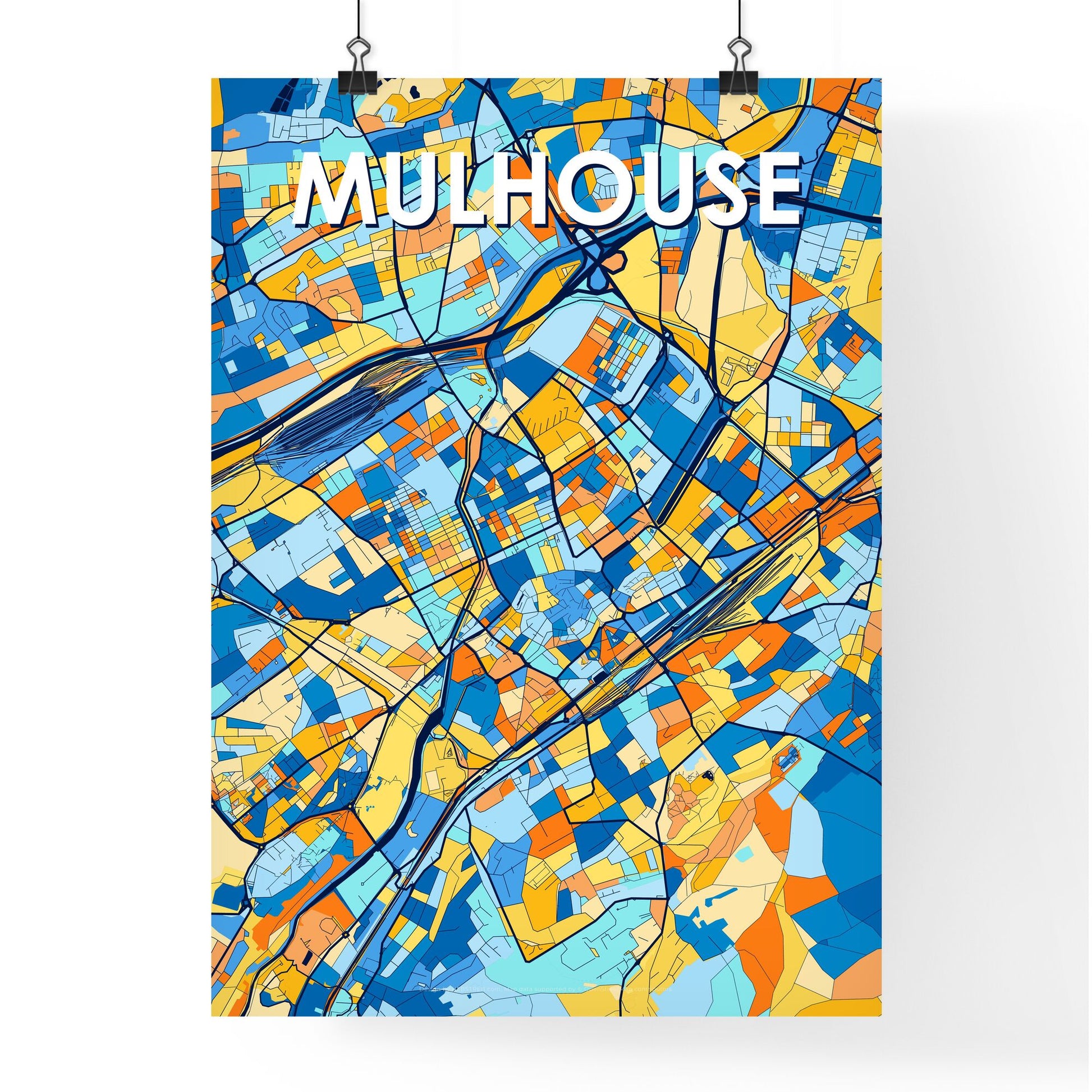 MULHOUSE FRANCE Vibrant Colorful Art Map Poster Blue Orange