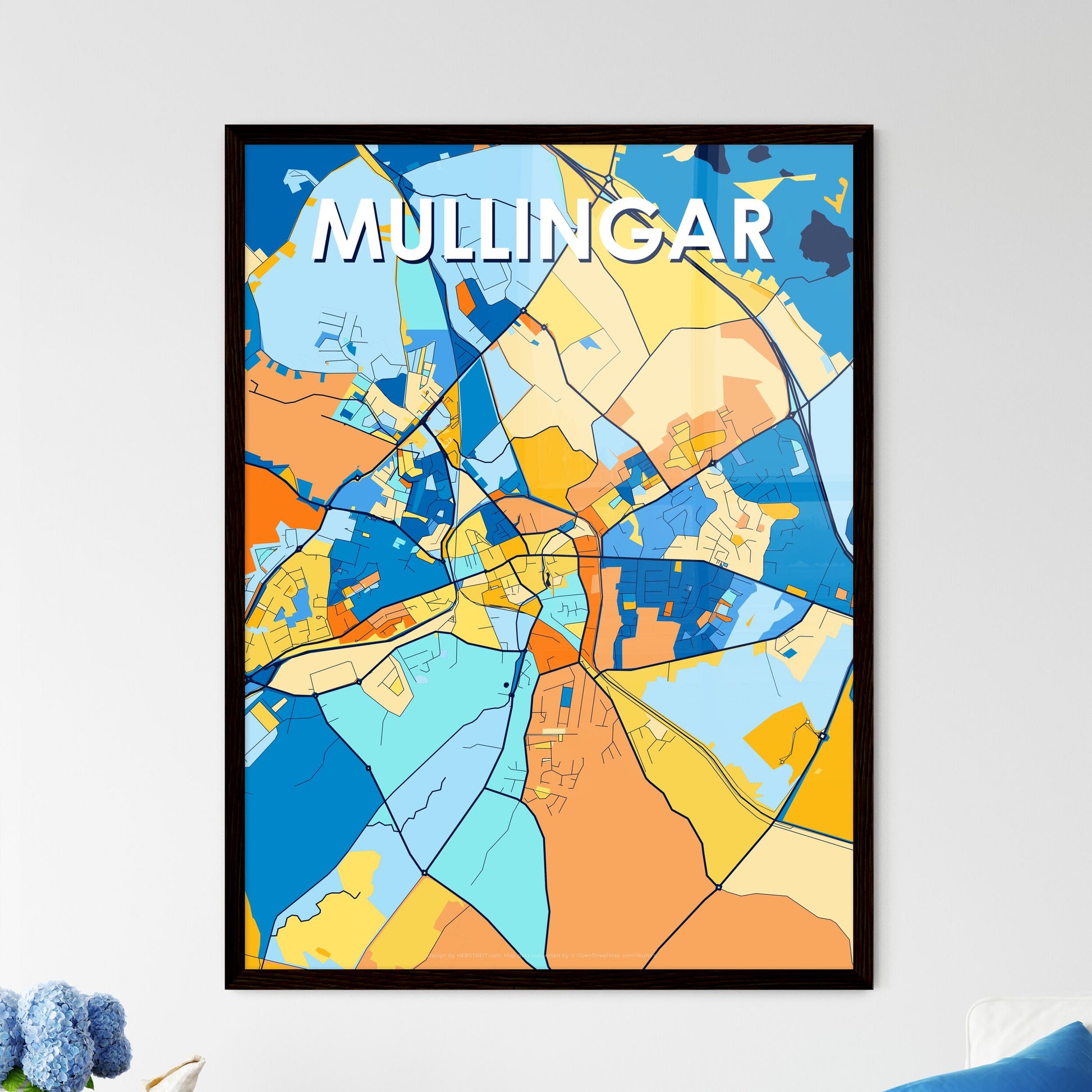 MULLINGAR IRELAND Vibrant Colorful Art Map Poster Blue Orange