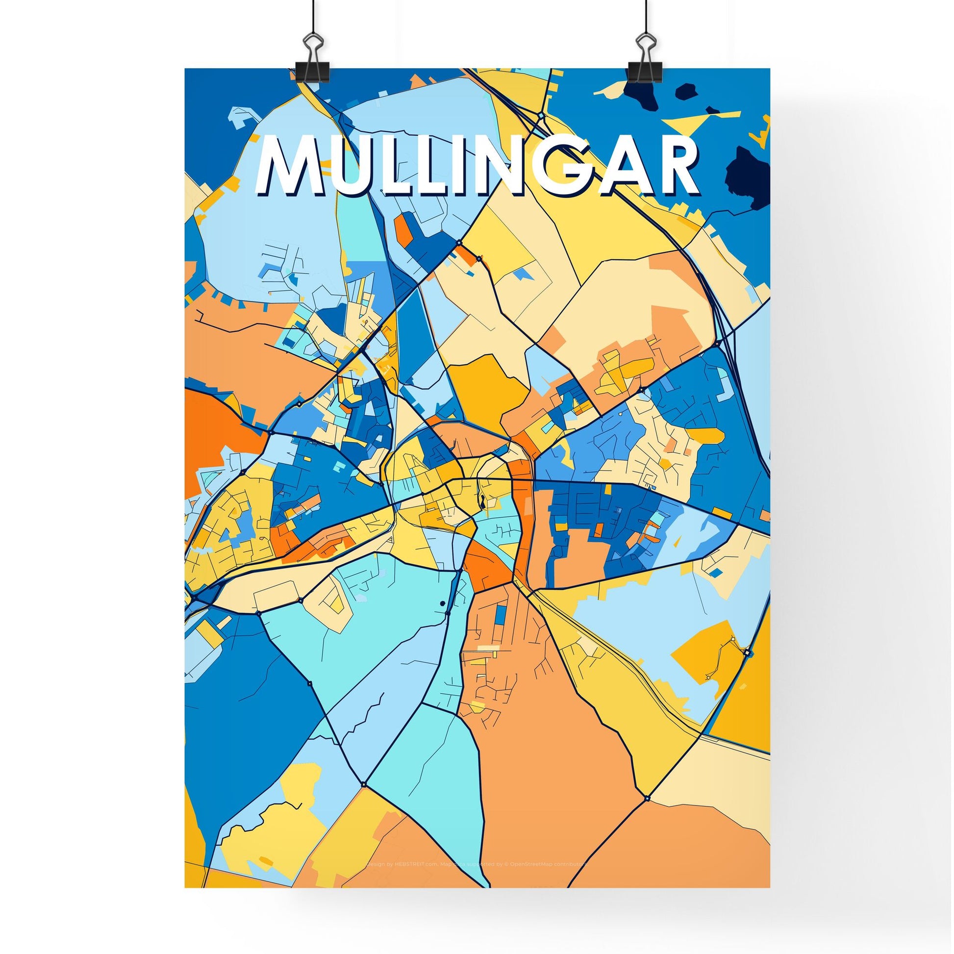 MULLINGAR IRELAND Vibrant Colorful Art Map Poster Blue Orange