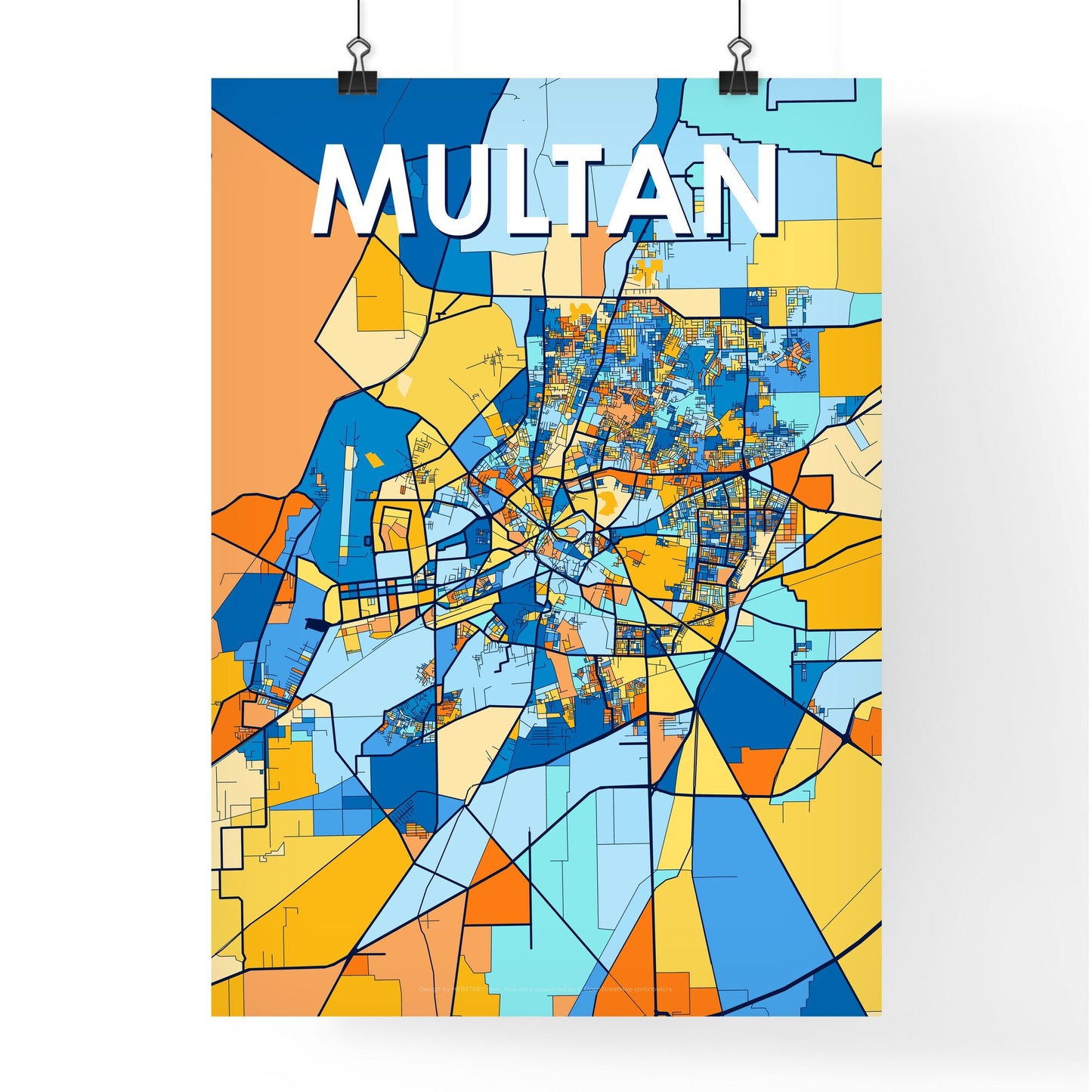 MULTAN PAKISTAN Vibrant Colorful Art Map Poster Blue Orange