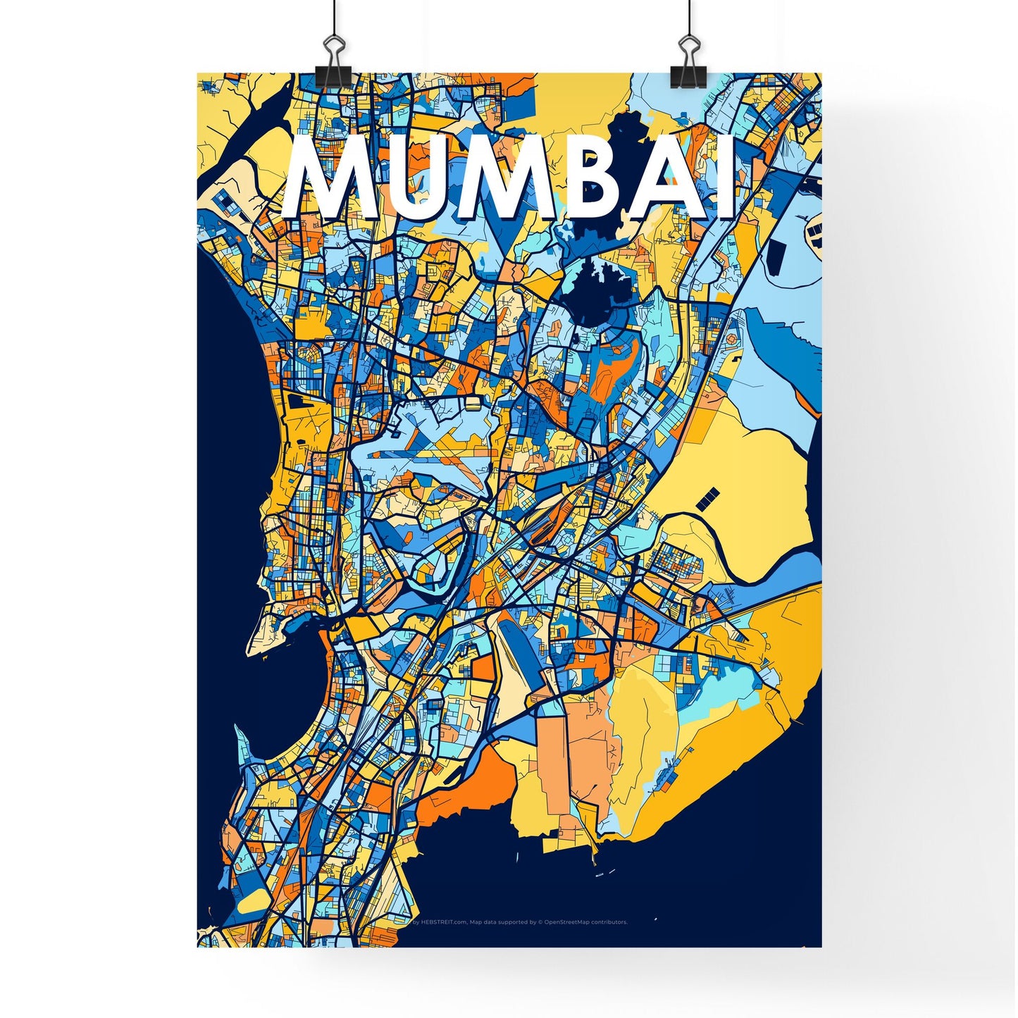 MUMBAI INDIA Vibrant Colorful Art Map Poster Blue Orange