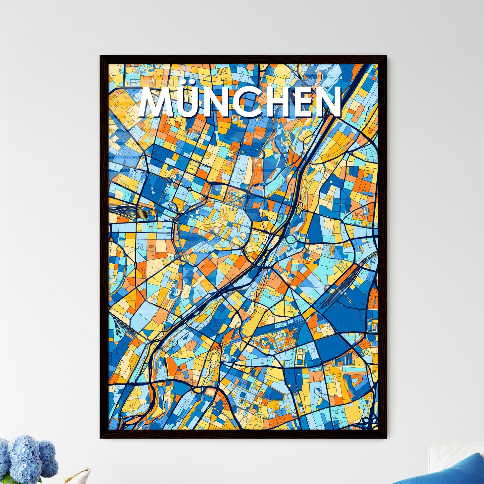 MÜNCHEN GERMANY Vibrant Colorful Art Map Poster Blue Orange