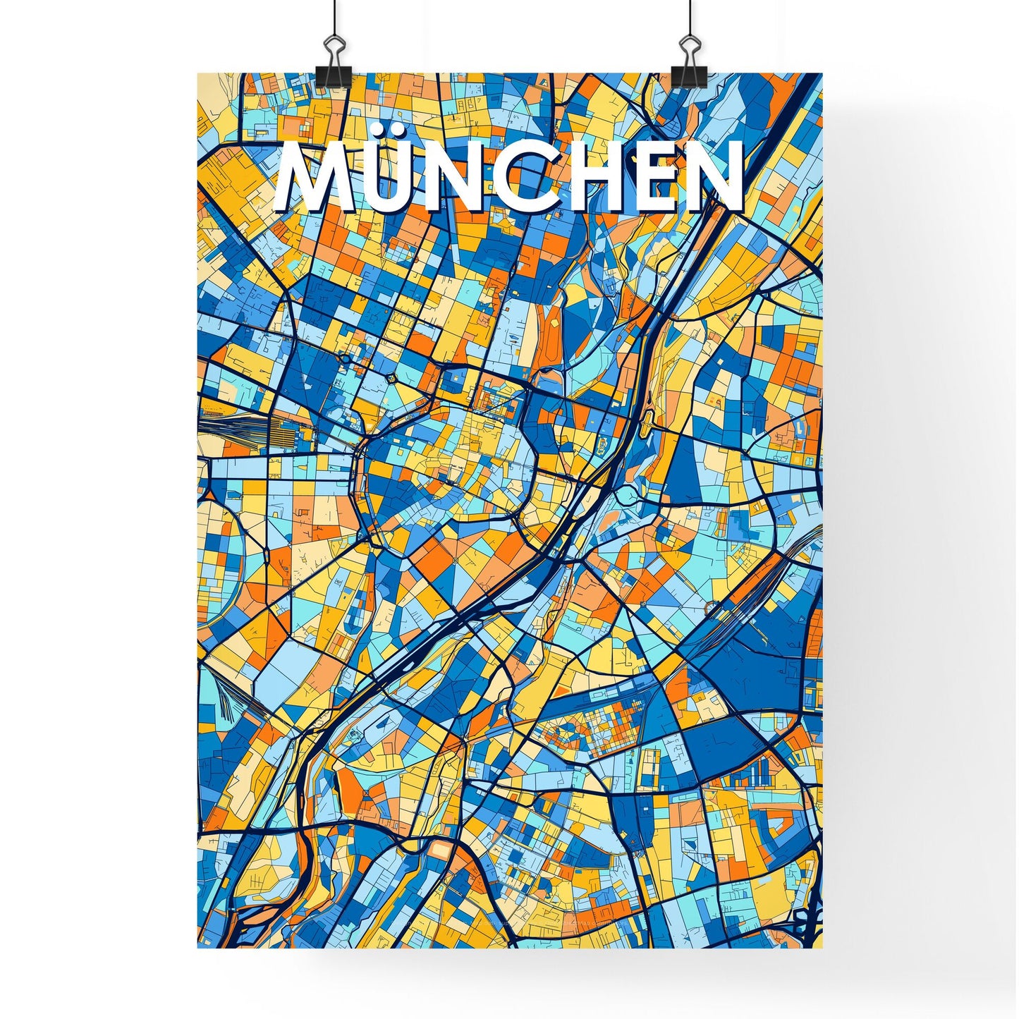 MÜNCHEN GERMANY Vibrant Colorful Art Map Poster Blue Orange