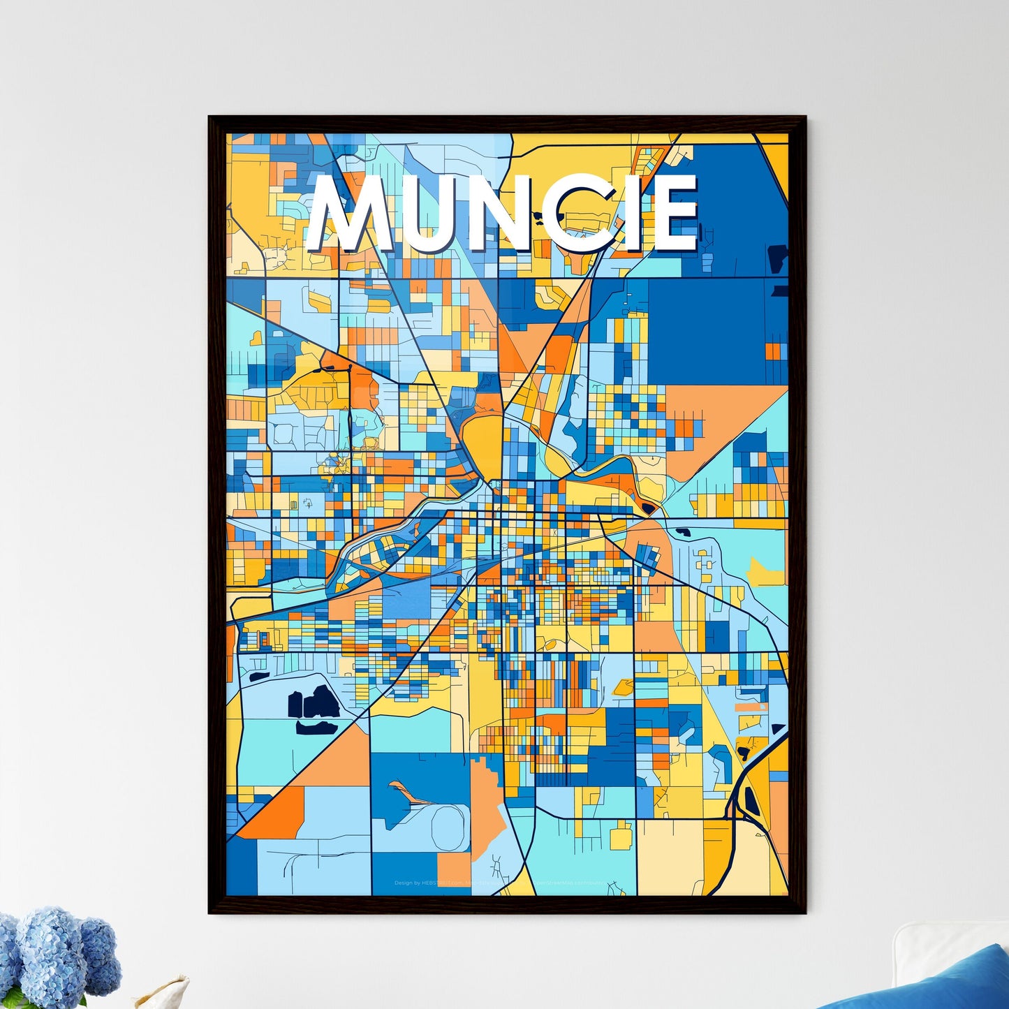 MUNCIE INDIANA Vibrant Colorful Art Map Poster Blue Orange