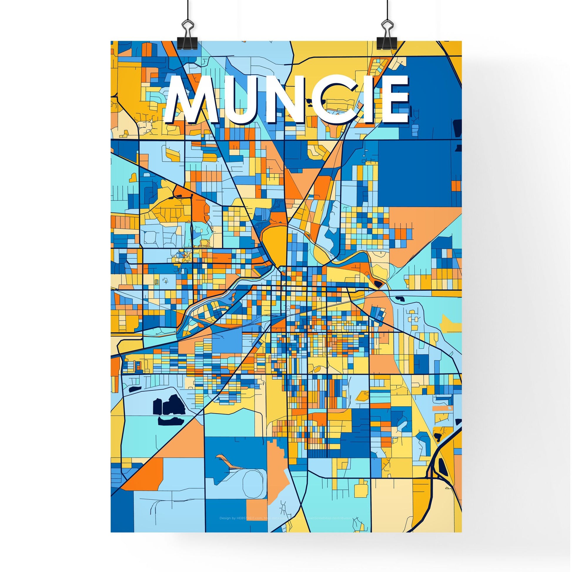 MUNCIE INDIANA Vibrant Colorful Art Map Poster Blue Orange