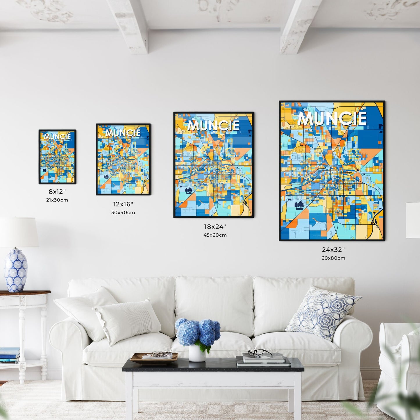 MUNCIE INDIANA Vibrant Colorful Art Map Poster Blue Orange