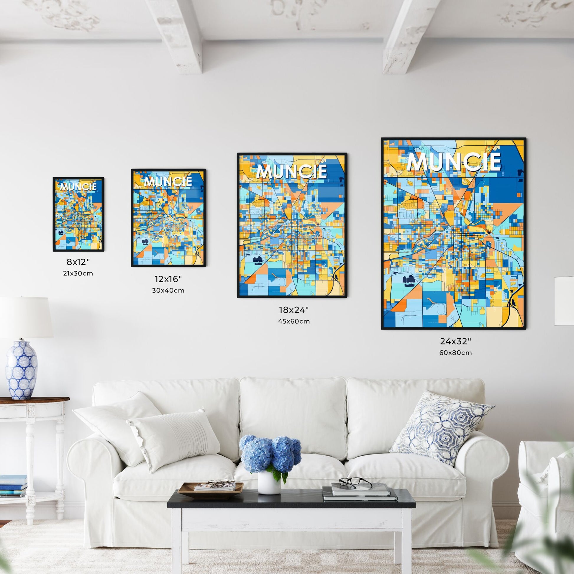 MUNCIE INDIANA Vibrant Colorful Art Map Poster Blue Orange