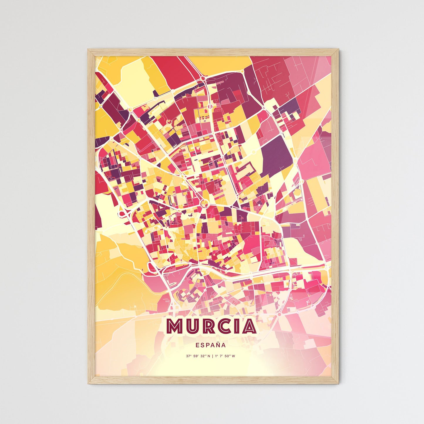 Colorful Murcia Spain Fine Art Map Hot Red