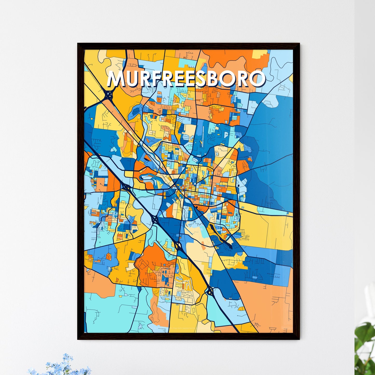 MURFREESBORO TENNESSEE Vibrant Colorful Art Map Poster Blue Orange